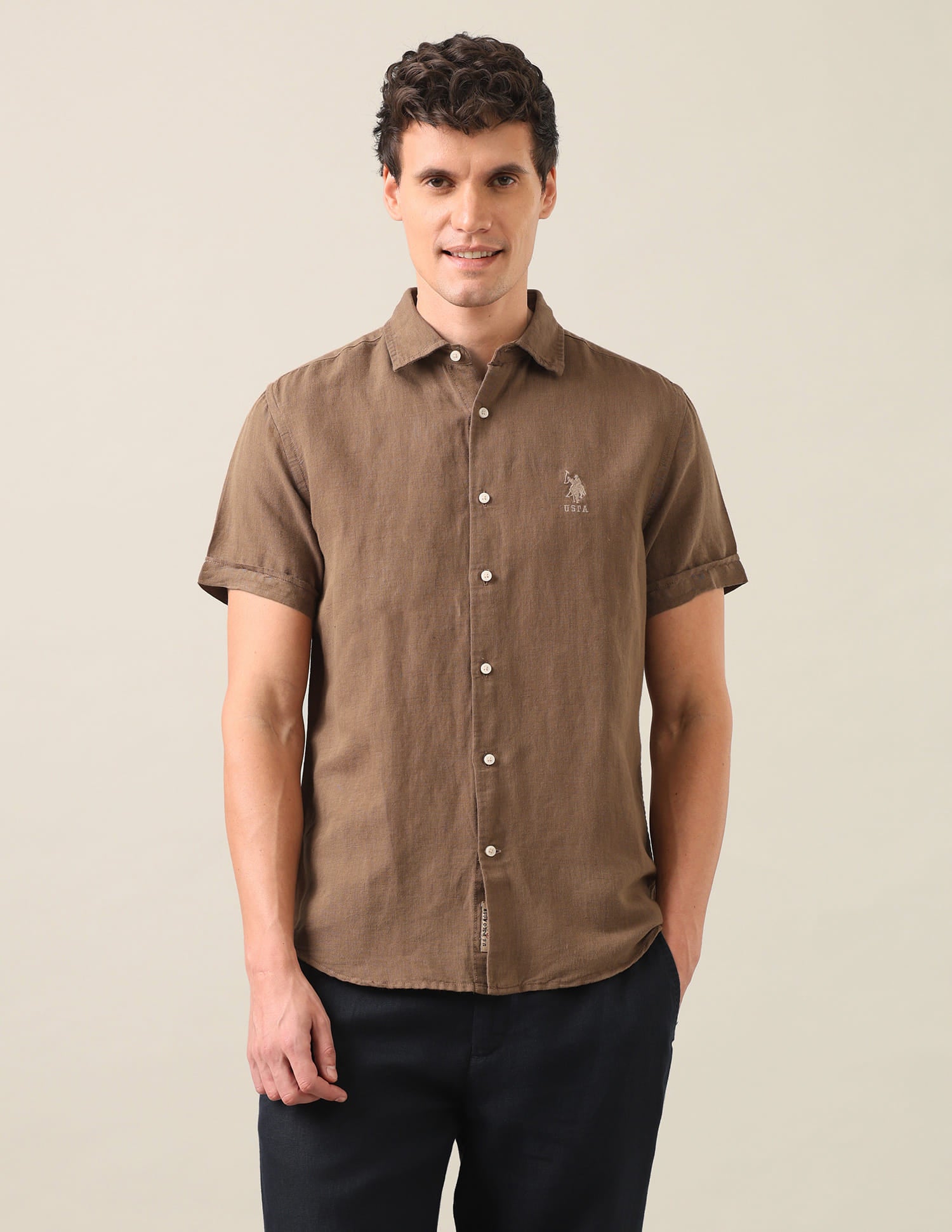 Solid Regular Fit Shirt Khaki - U.S. Polo Assn. India | Large
