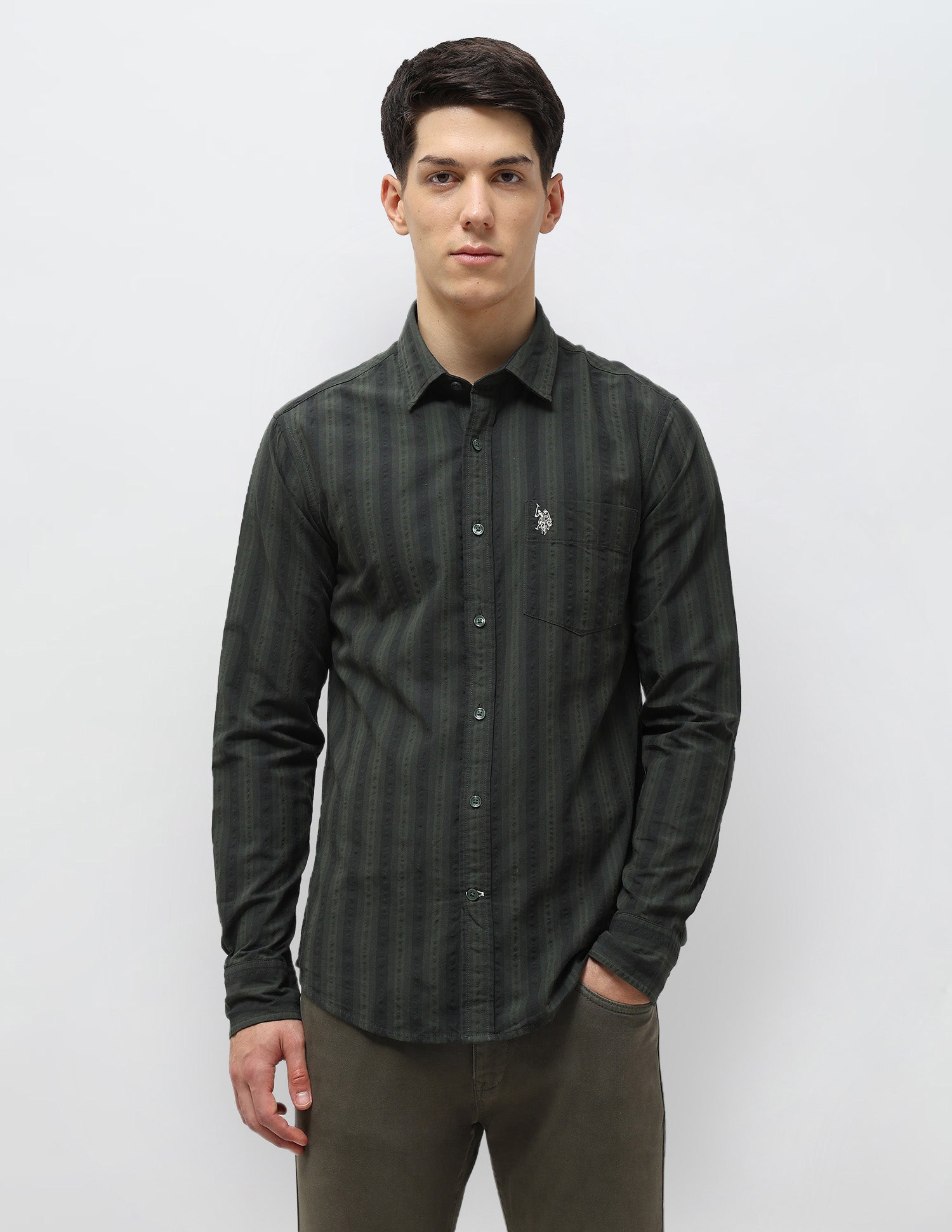 Vertical Striped Seersucker Shirt Olive - U.S. Polo Assn. India | Large
