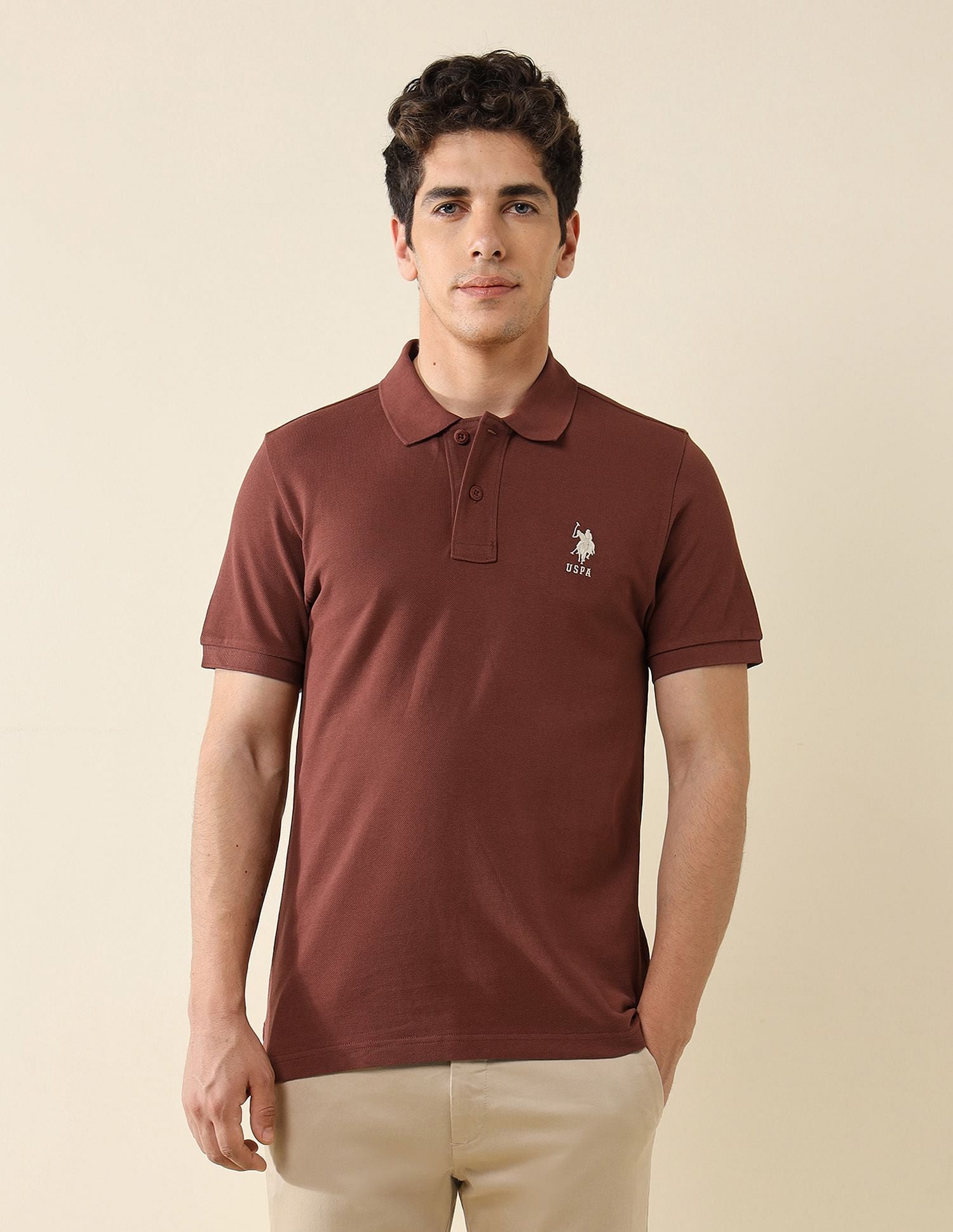 Pure Cotton Slim Fit Polo Shirt Light Brown - U.S. Polo Assn. India | Large
