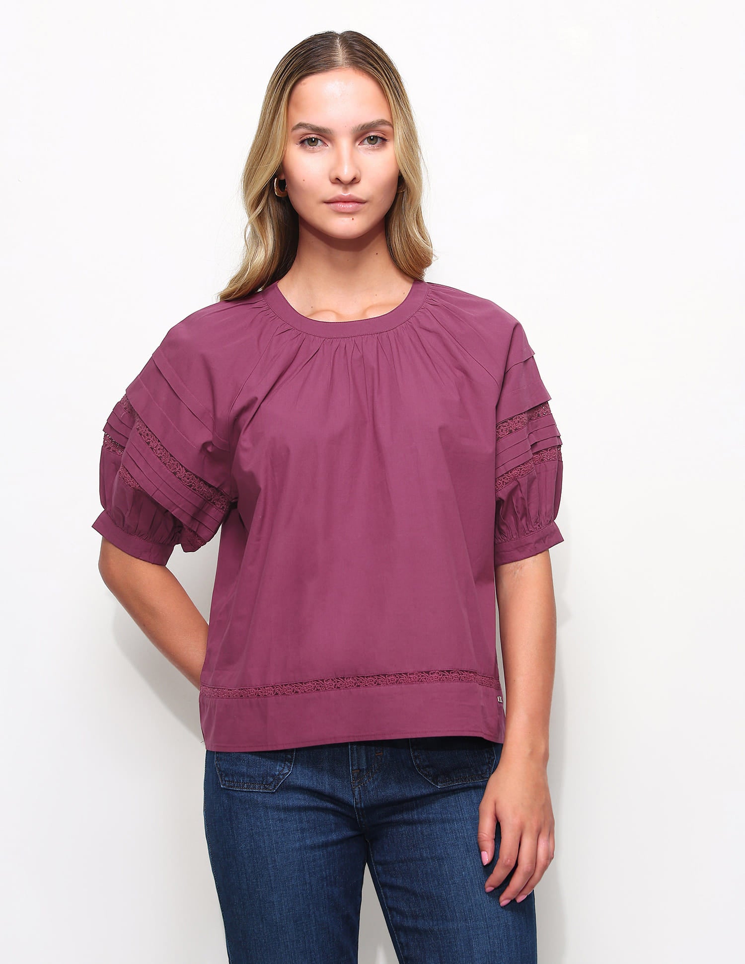 Raglan Sleeve Top With Pleats And Lace Purple - U.S. Polo Assn. India | Large