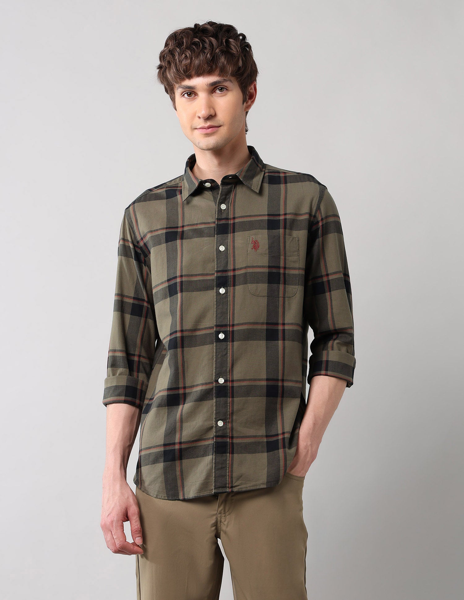 Grid Tattersall Checked Pure Cotton Shirt Khaki - U.S. POLO ASSN. | Large
