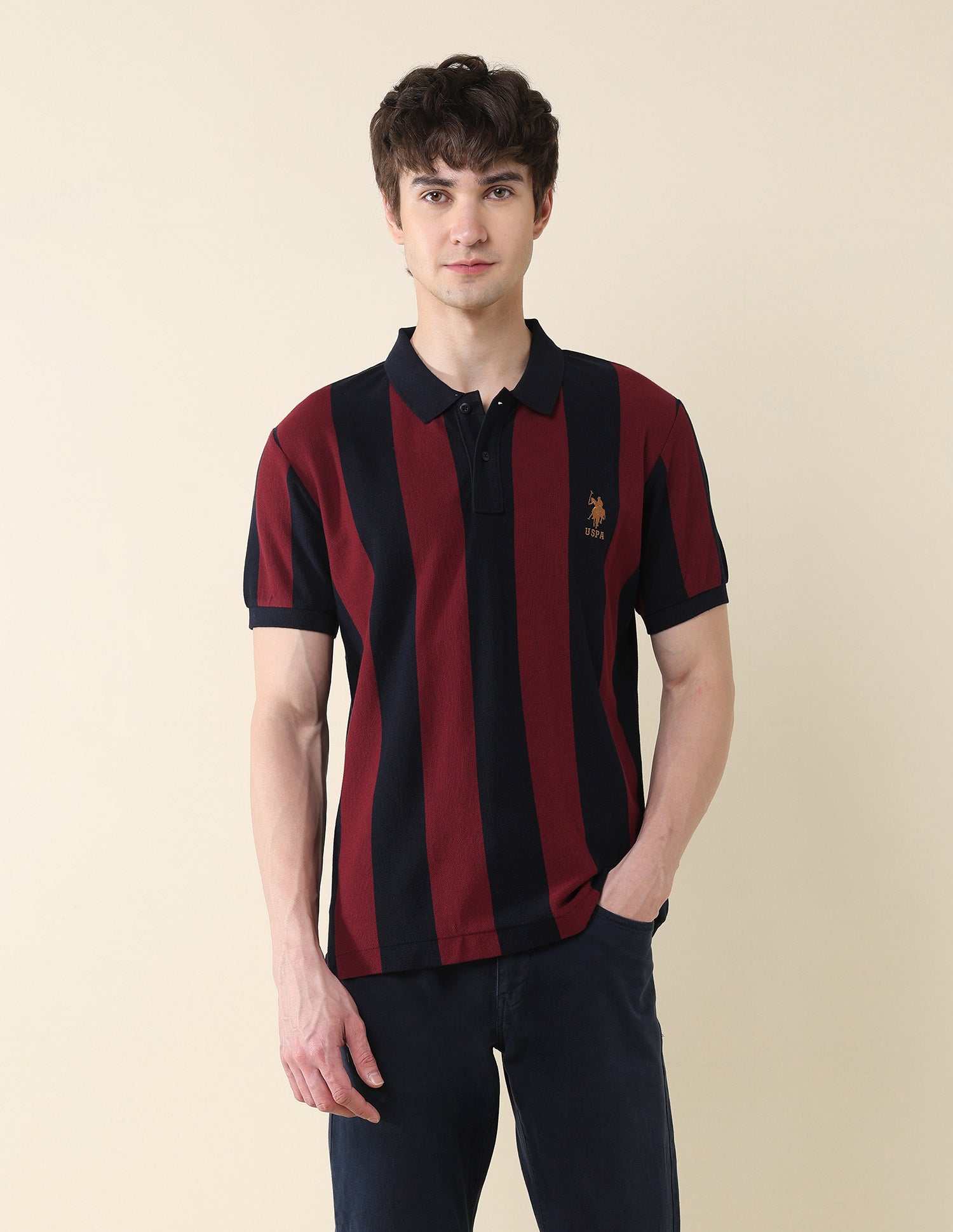 Vertical Striped Pure Cotton Gold Cup Polo Shirt Maroon - U.S. Polo Assn. India | Large