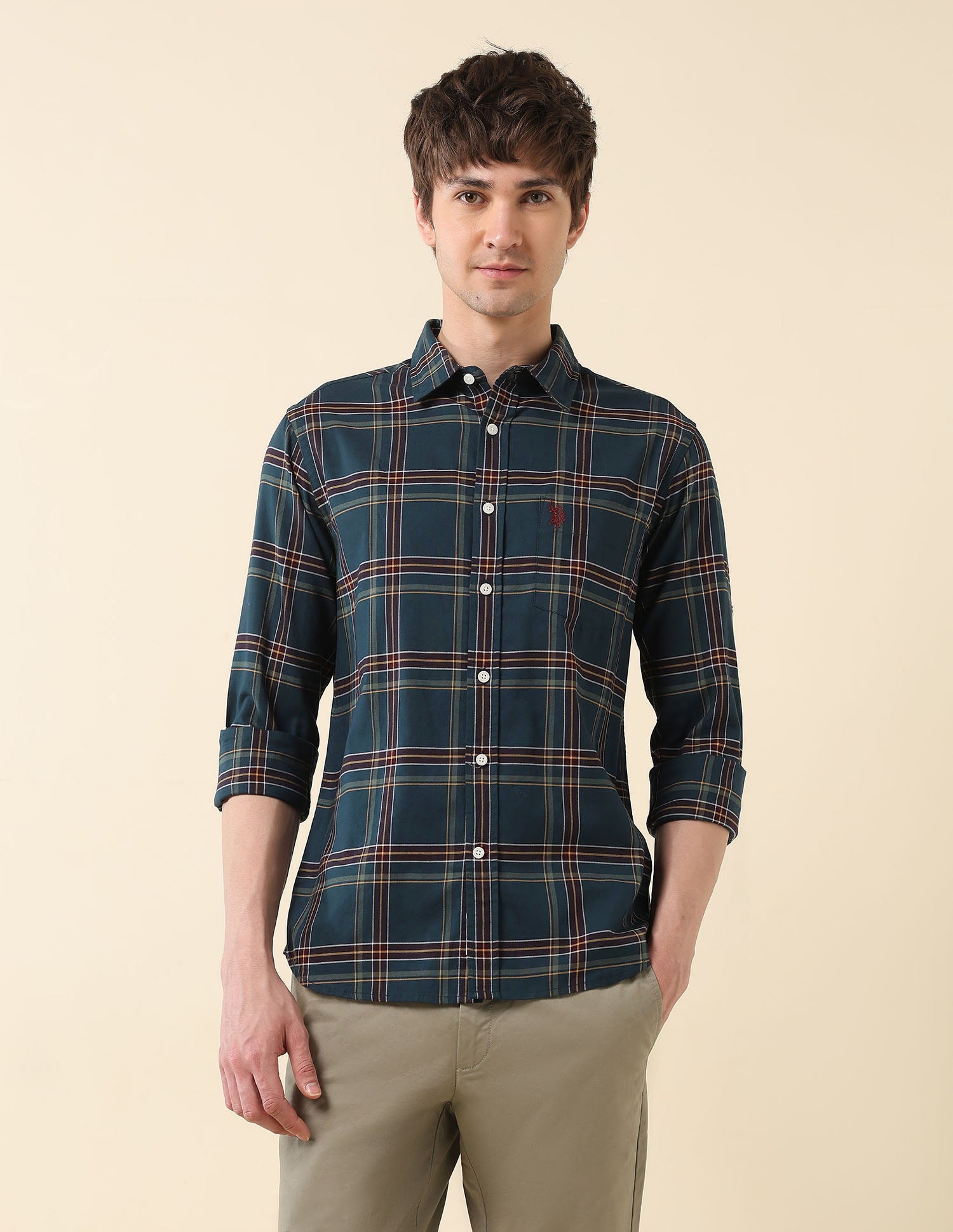 Grid Tattersall Checked Tailored Fit Shirt Teal - U.S. POLO ASSN. | Large