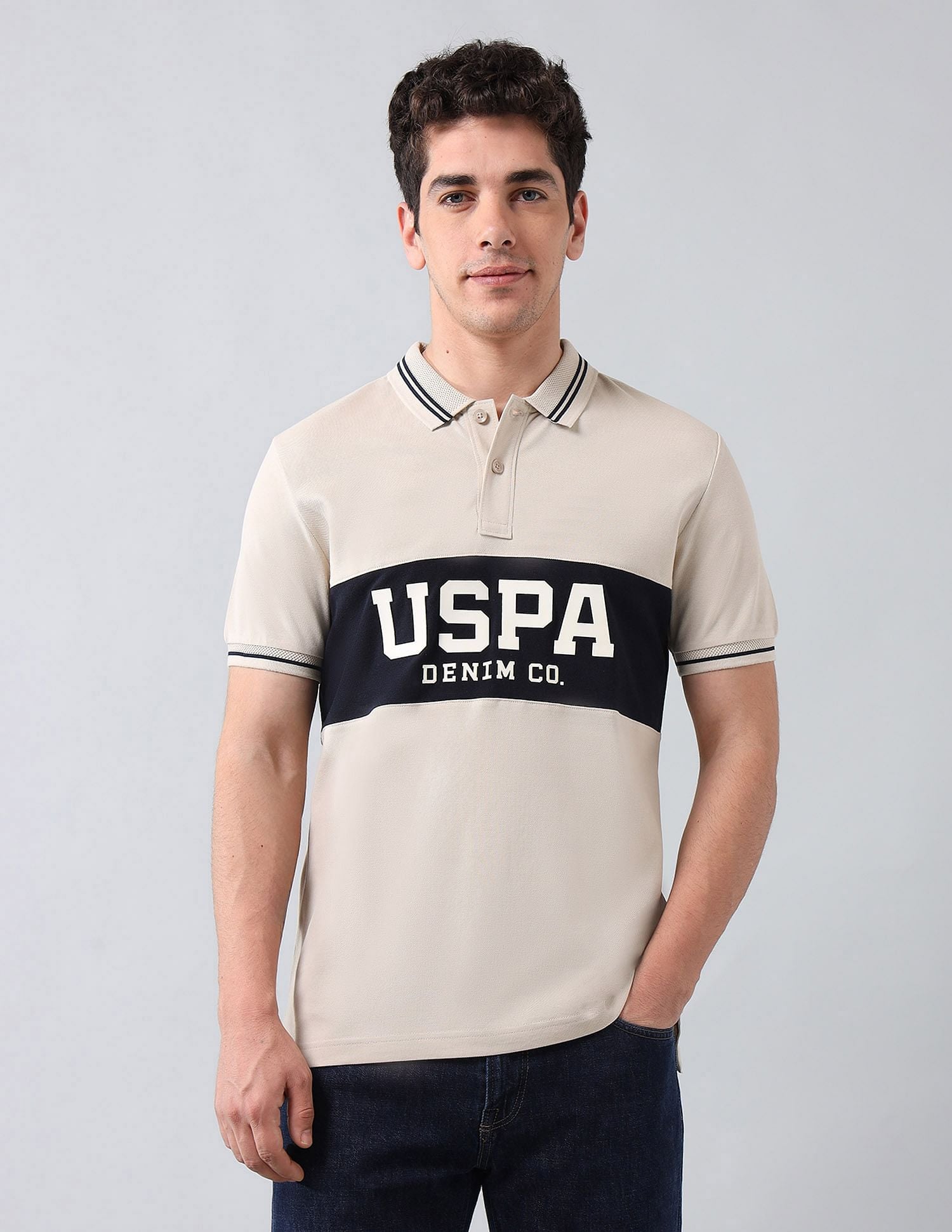Muscle Fit Brand Printed Polo Shirt Beige - U.S. Polo Assn. India | Large