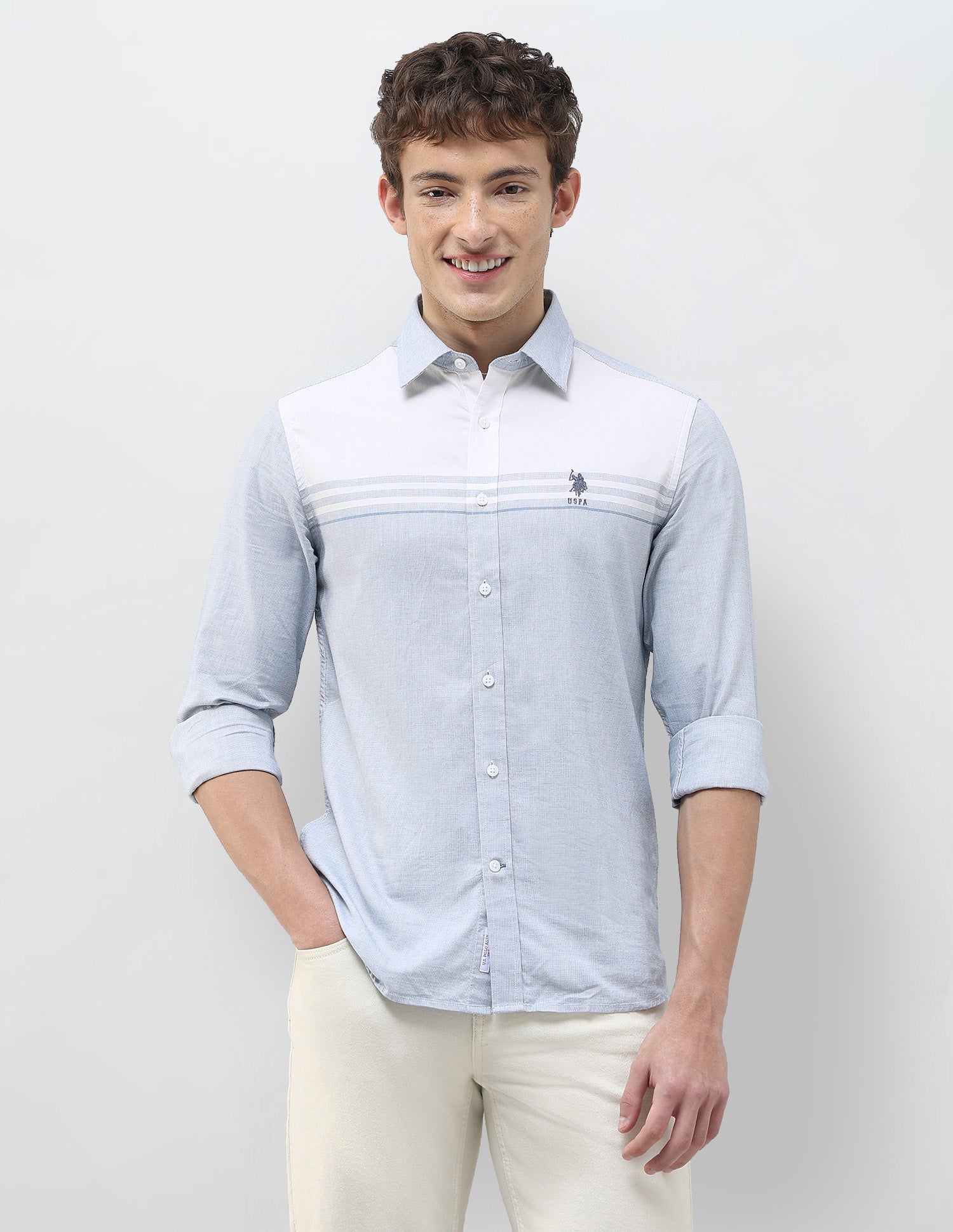 Solid Stripe Detail Regular Fit Shirt Blue - U.S. Polo Assn. India | Large