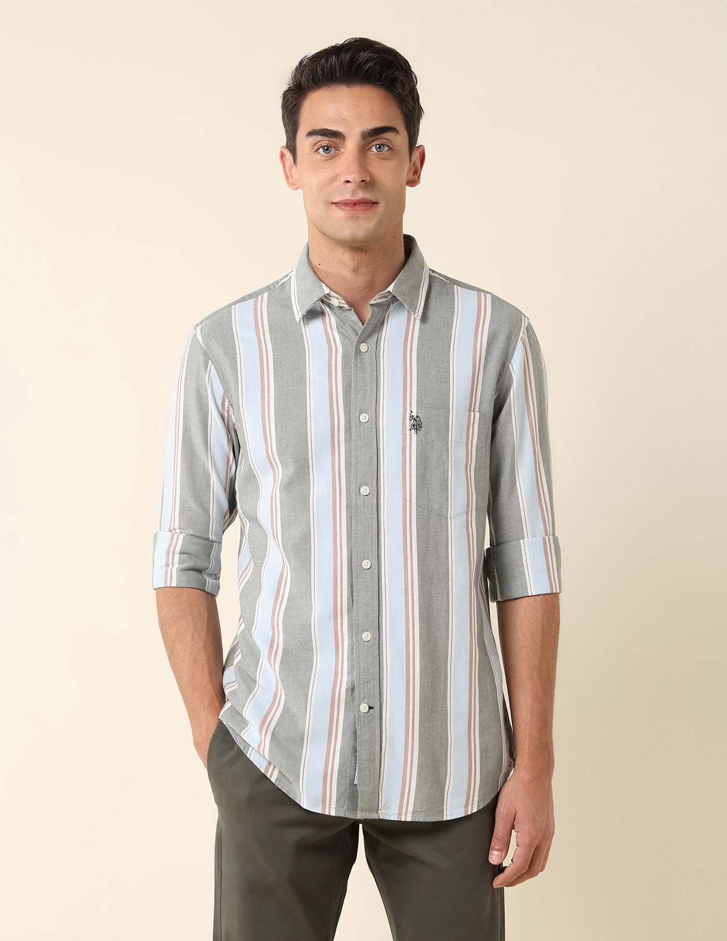 Vertical Striped Pure Cotton Shirt Dark Green - U.S. Polo Assn. India | Large