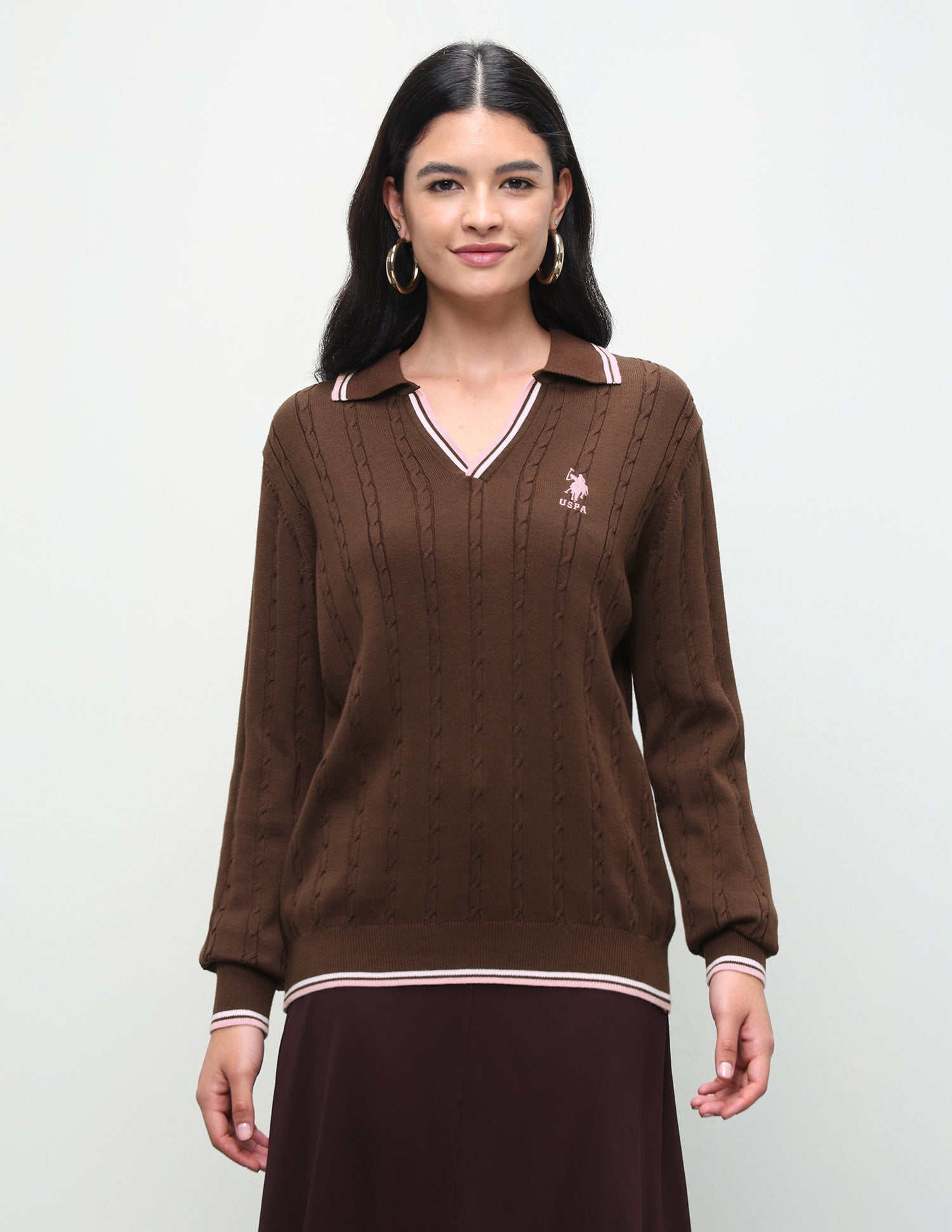 Cable Patterned Knit Regular Fit Sweater Brown - U.S. Polo Assn. India | Large