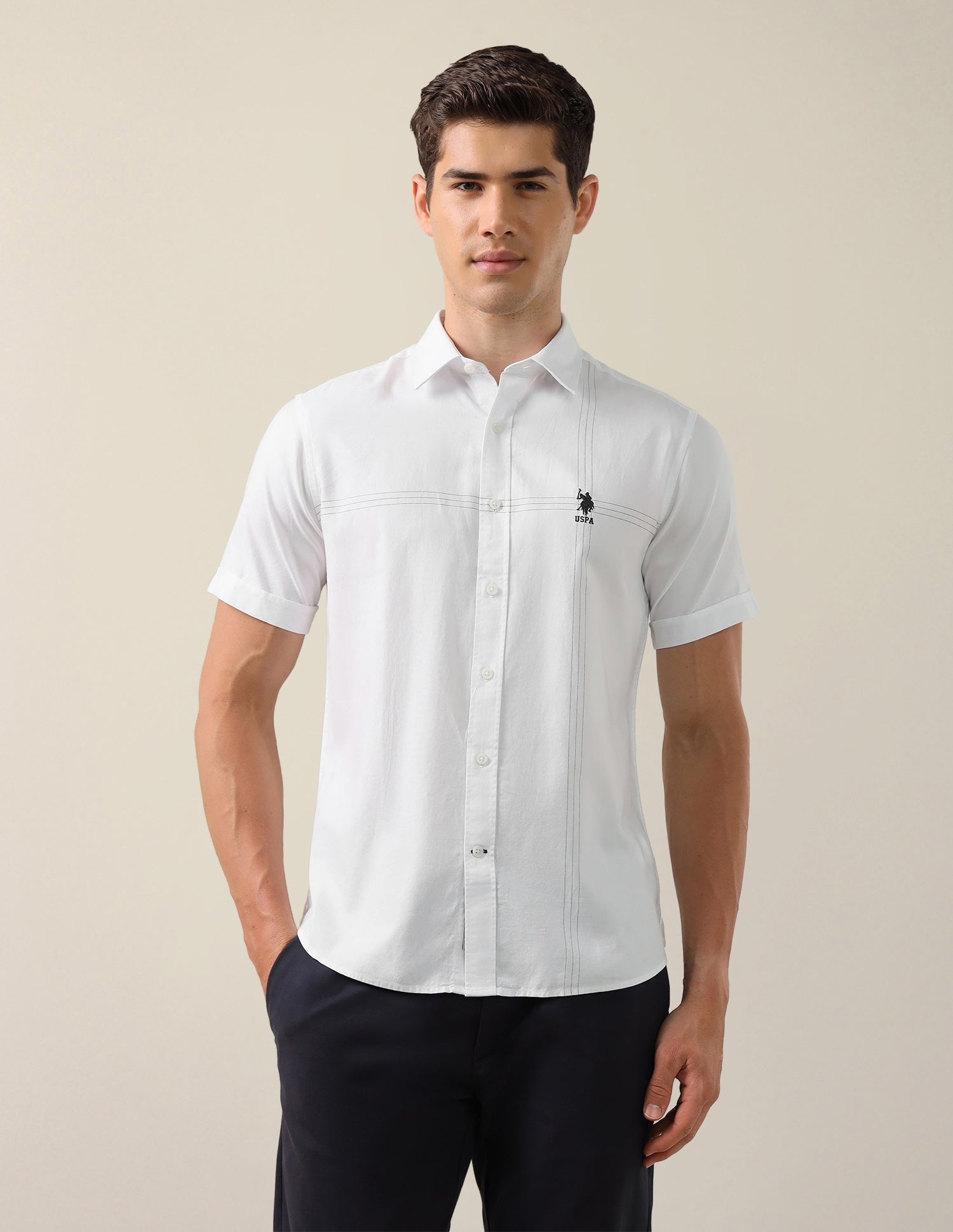 Solid With Stripe Detail Tailored Fit Shirt White - U.S. Polo Assn. India | Large