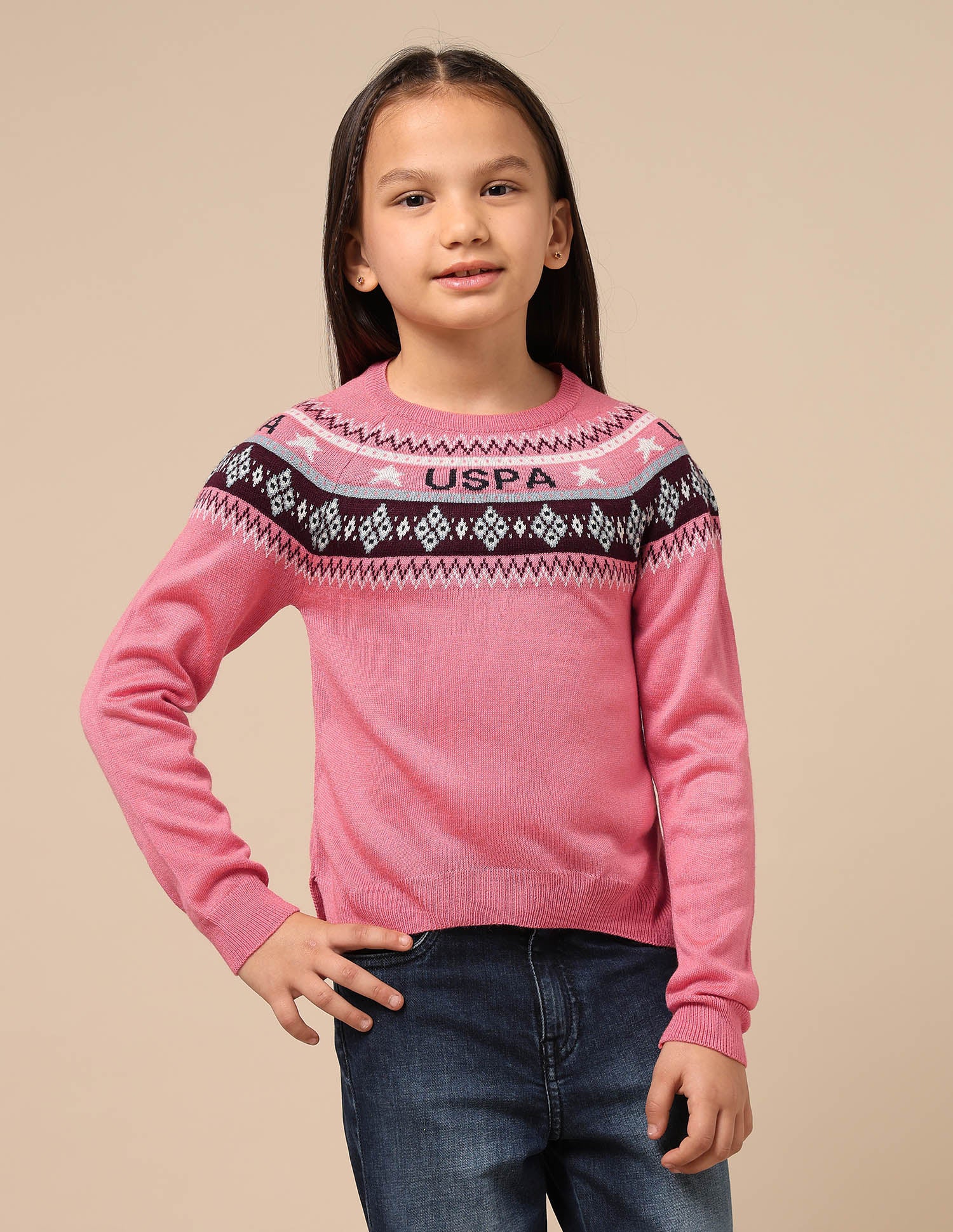Girls Geometric Patterned Knit Sweater Pink - U.S. POLO ASSN. | Large