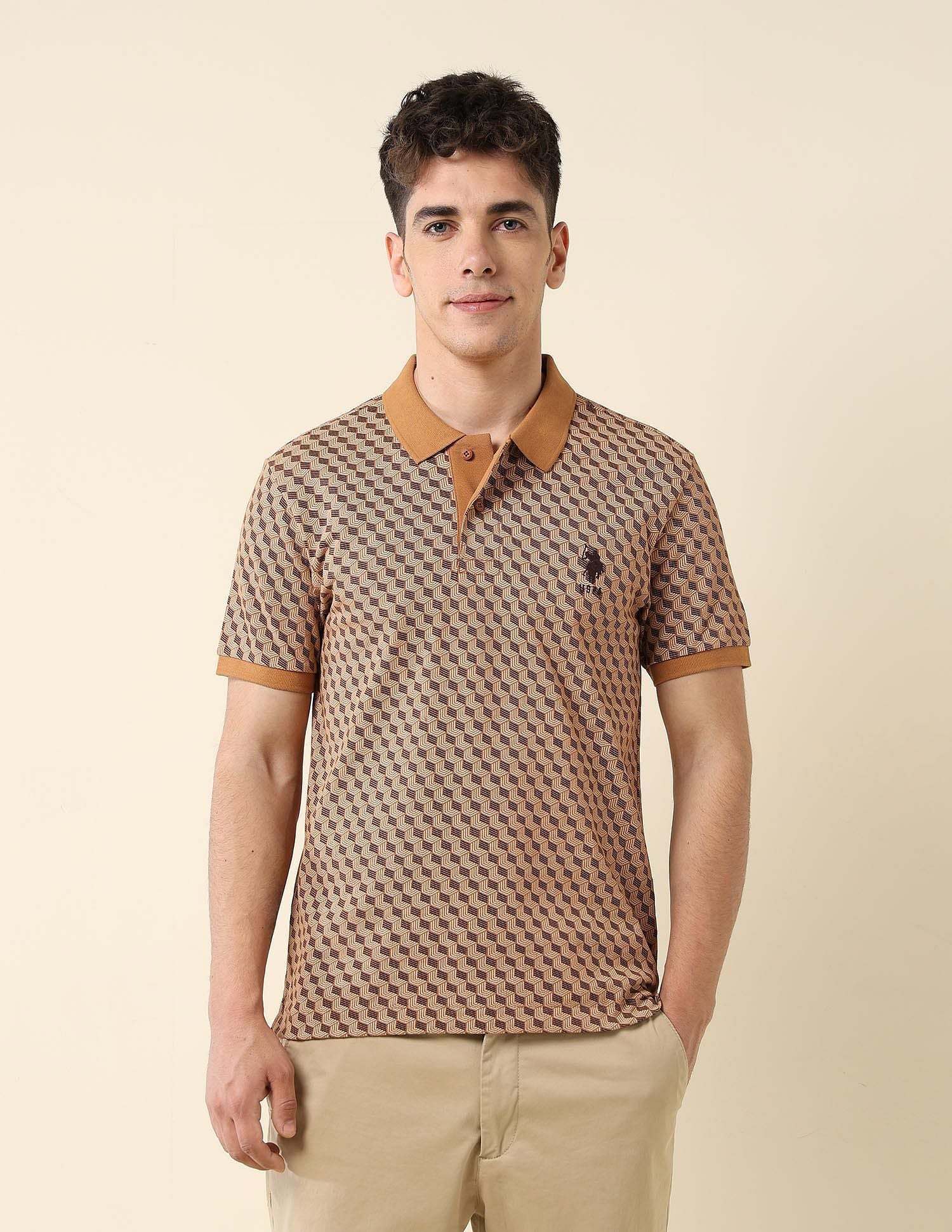 All-Over Printed Slim Fit Polo Shirt Brown - U.S. Polo Assn. India | Large