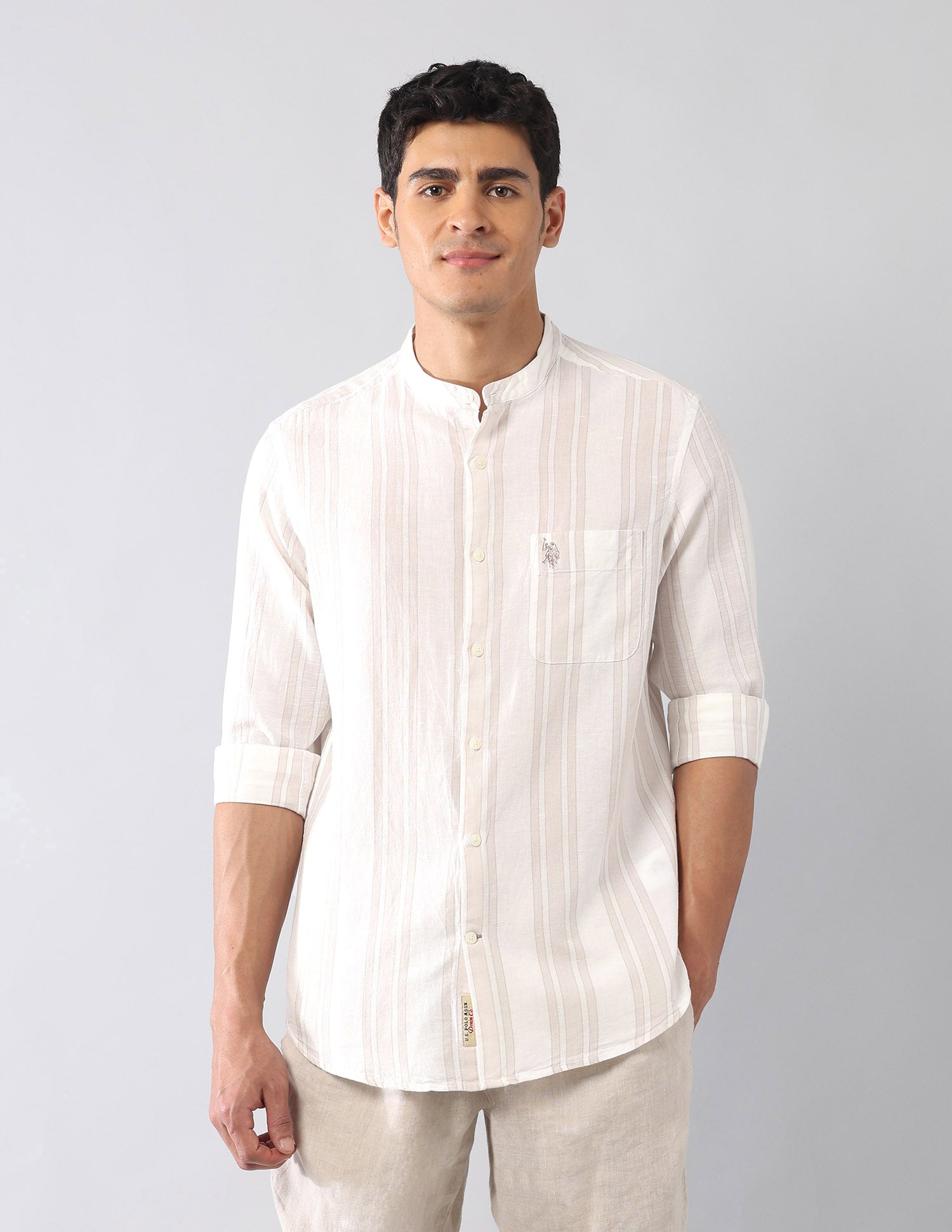 Vertical Striped Poplin Regular Fit Shirt Ecru - U.S. Polo Assn. India | Large