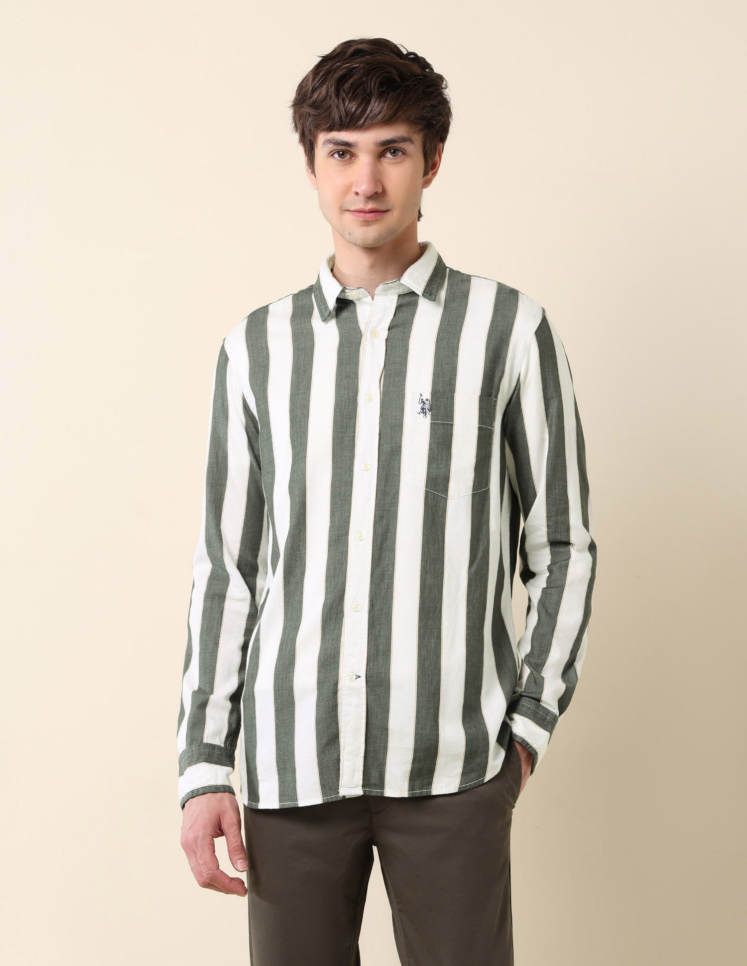Vertical Striped Pure Cotton Shirt Green - U.S. Polo Assn. India | Large