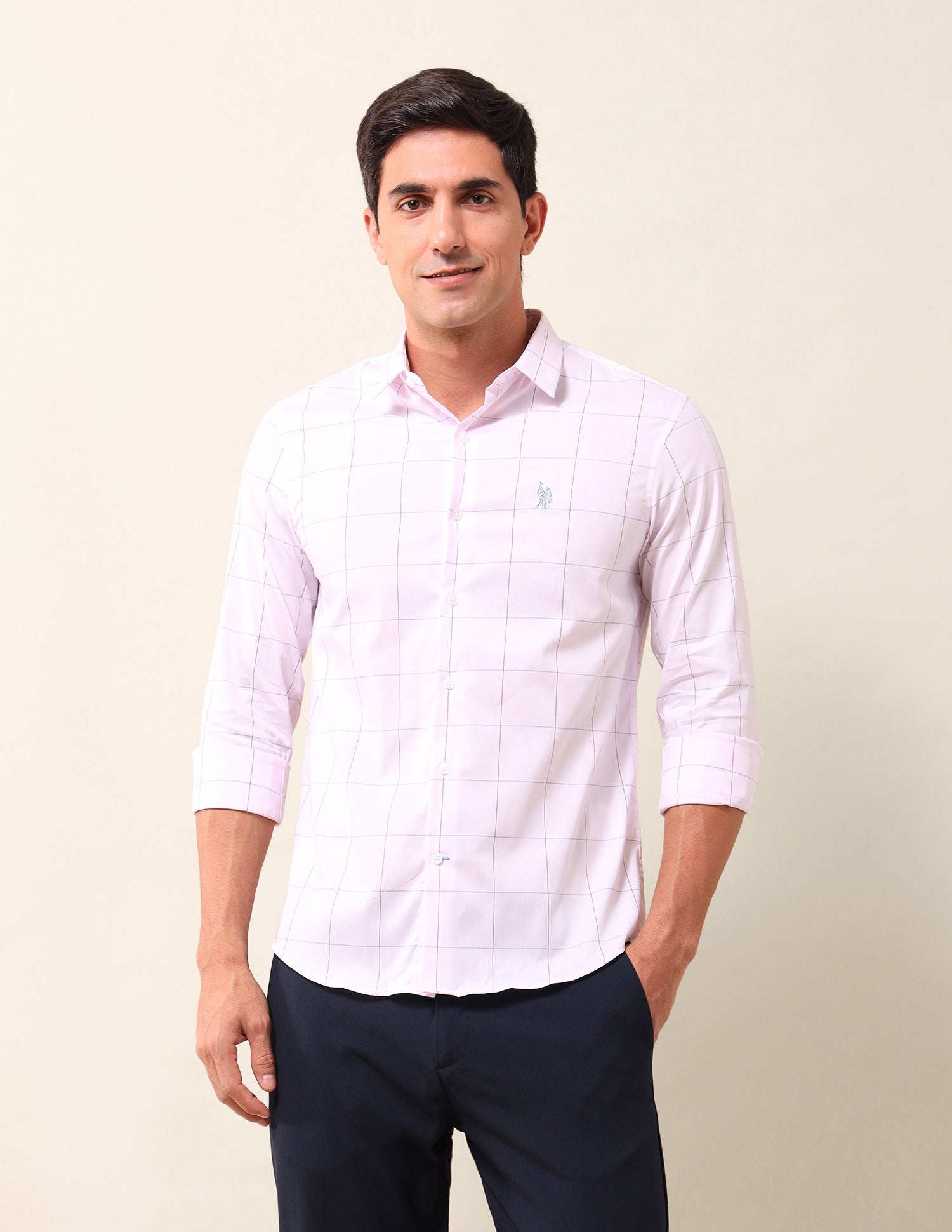 Windowpane Checked Tailored Fit Shirt Light Pink - U.S. Polo Assn. India | Large
