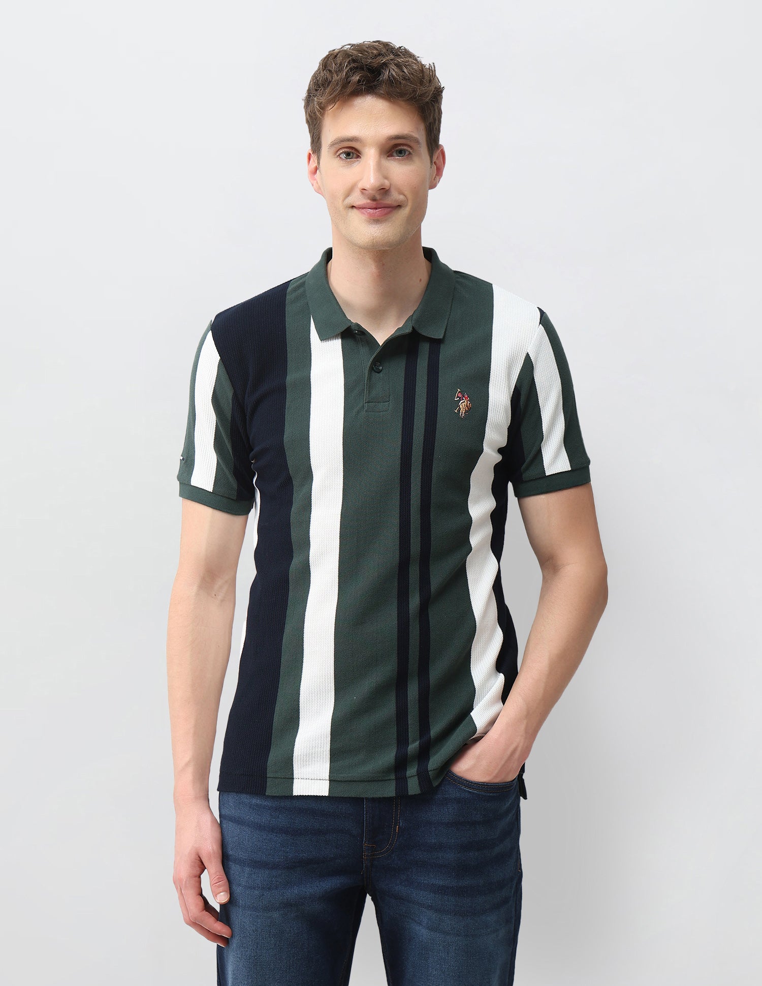 Vertical Striped Muscle Fit Polo Shirt Dark Green - U.S. Polo Assn. India | Large