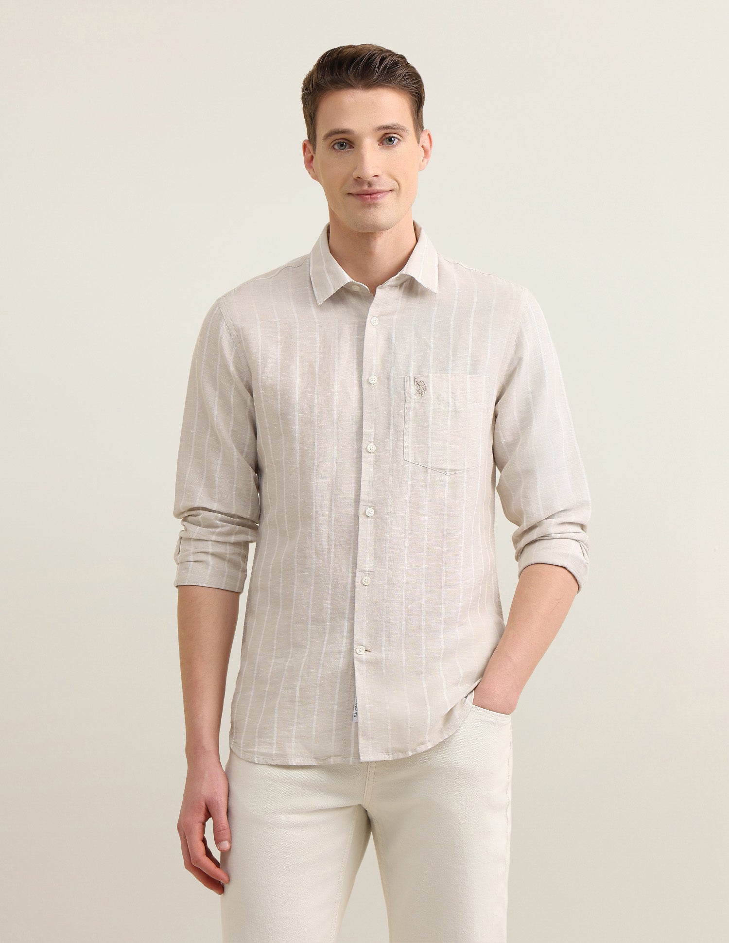 Vertical Striped Sotogrande Regular Fit Shirt Ivory - U.S. Polo Assn. India | Large