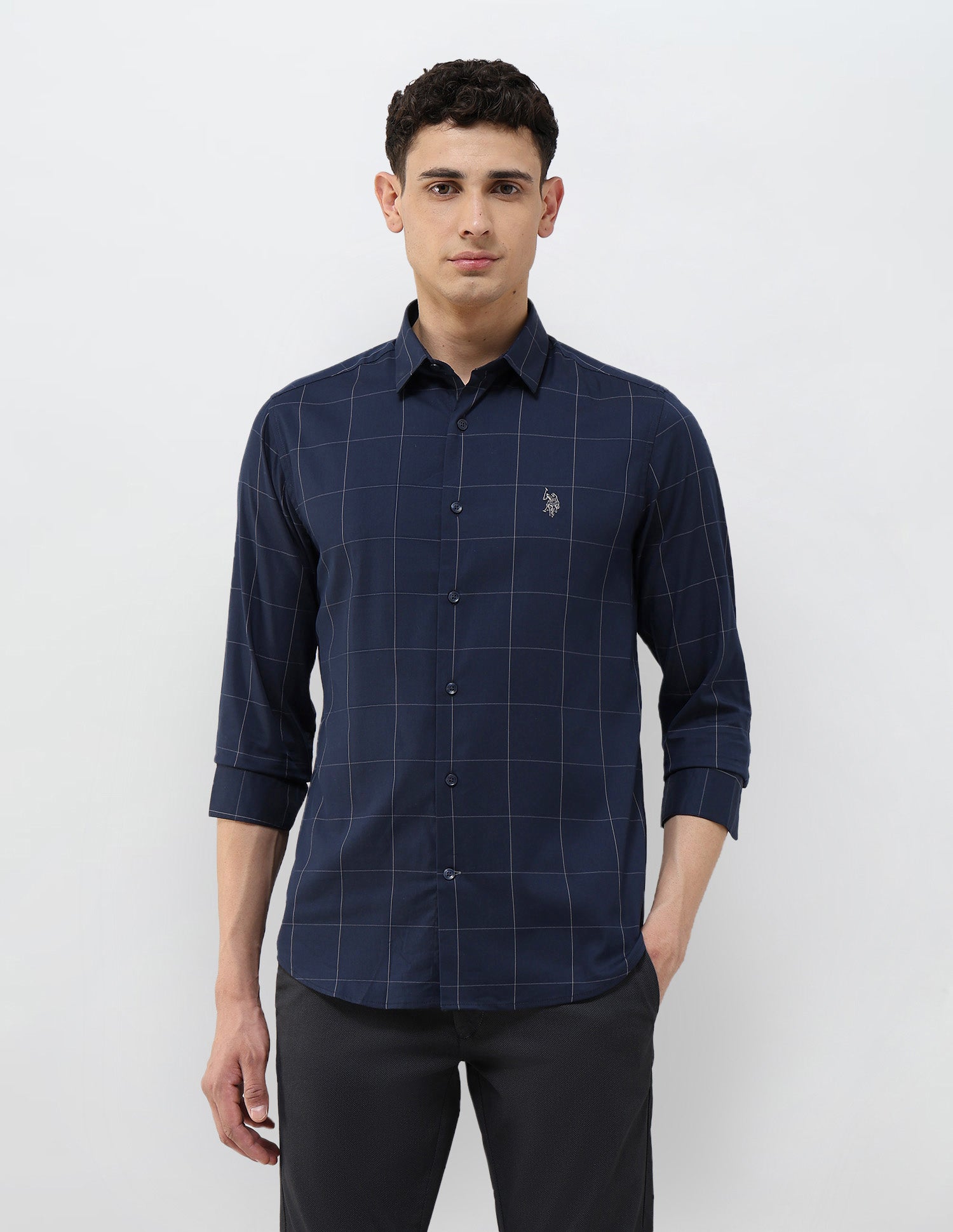 Windowpane Checked Tailored Fit Shirt Navy - U.S. POLO ASSN. | Large