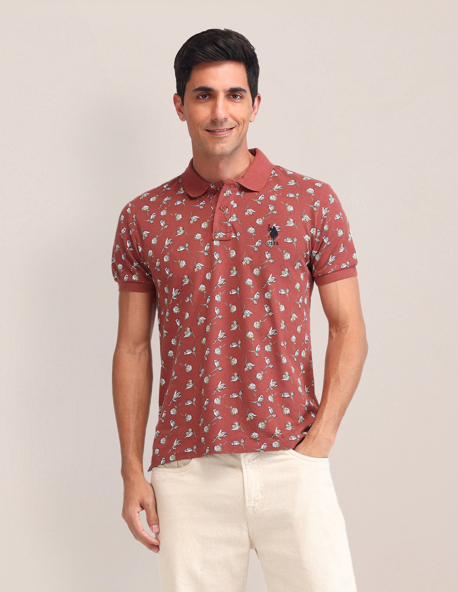 Floral Pattern Slim Fit Polo Shirt Maroon - U.S. Polo Assn. India | Large