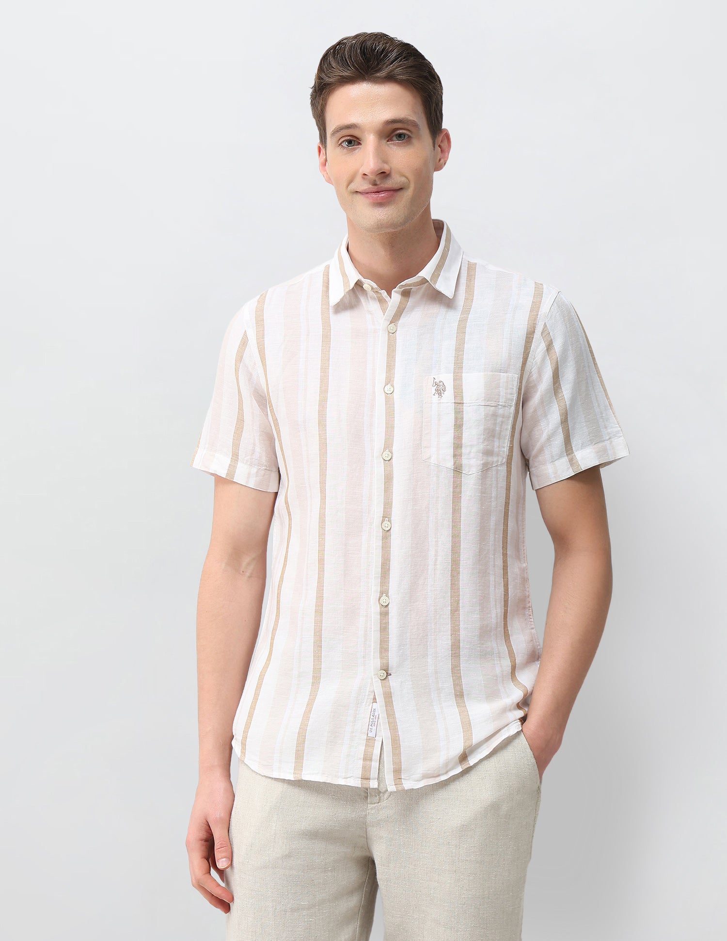Pacho X Vertical Striped Regular Fit Shirt Light Beige - U.S. Polo Assn. India | Large