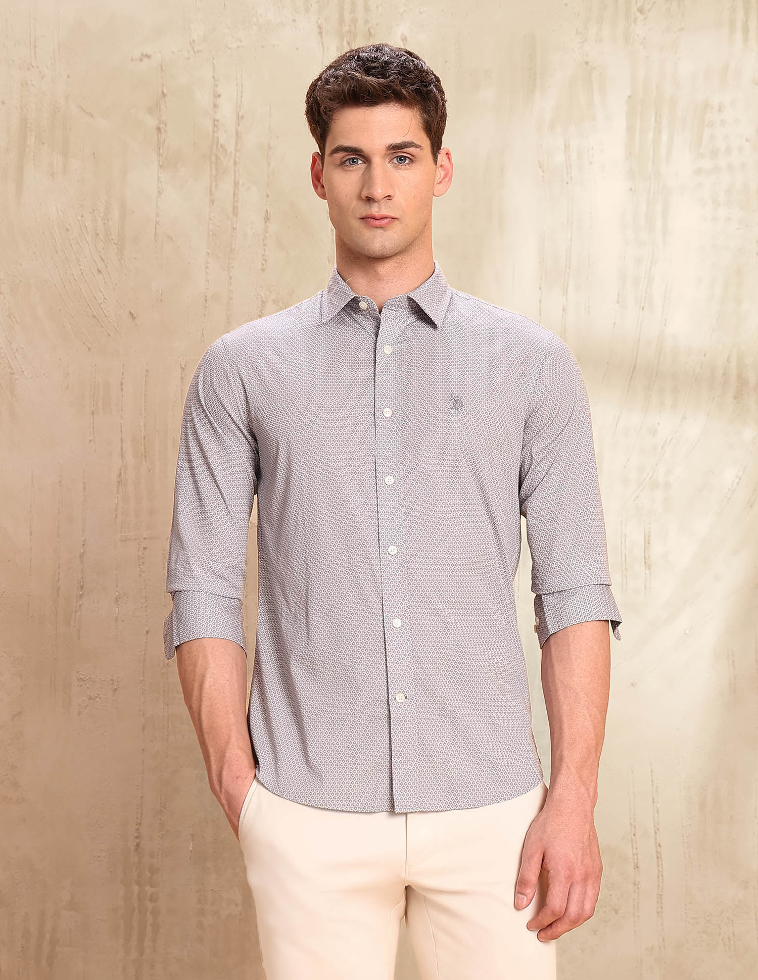 Floral Printed Tailored Fit Shirt Light Khaki - U.S. POLO ASSN. | Large