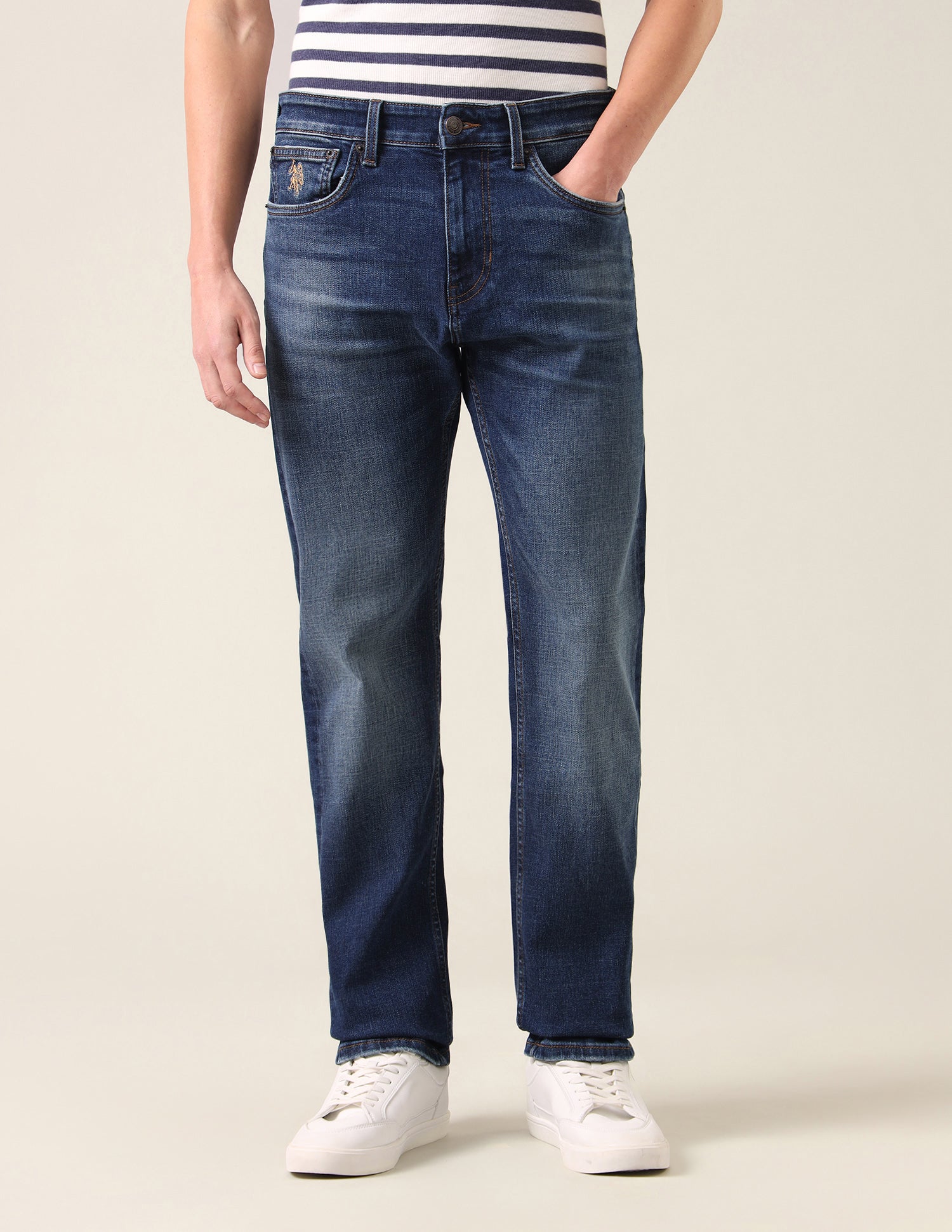Mason Regular Straight Fit Whiskered Jeans Mid Blue - U.S. Polo Assn. India | Large