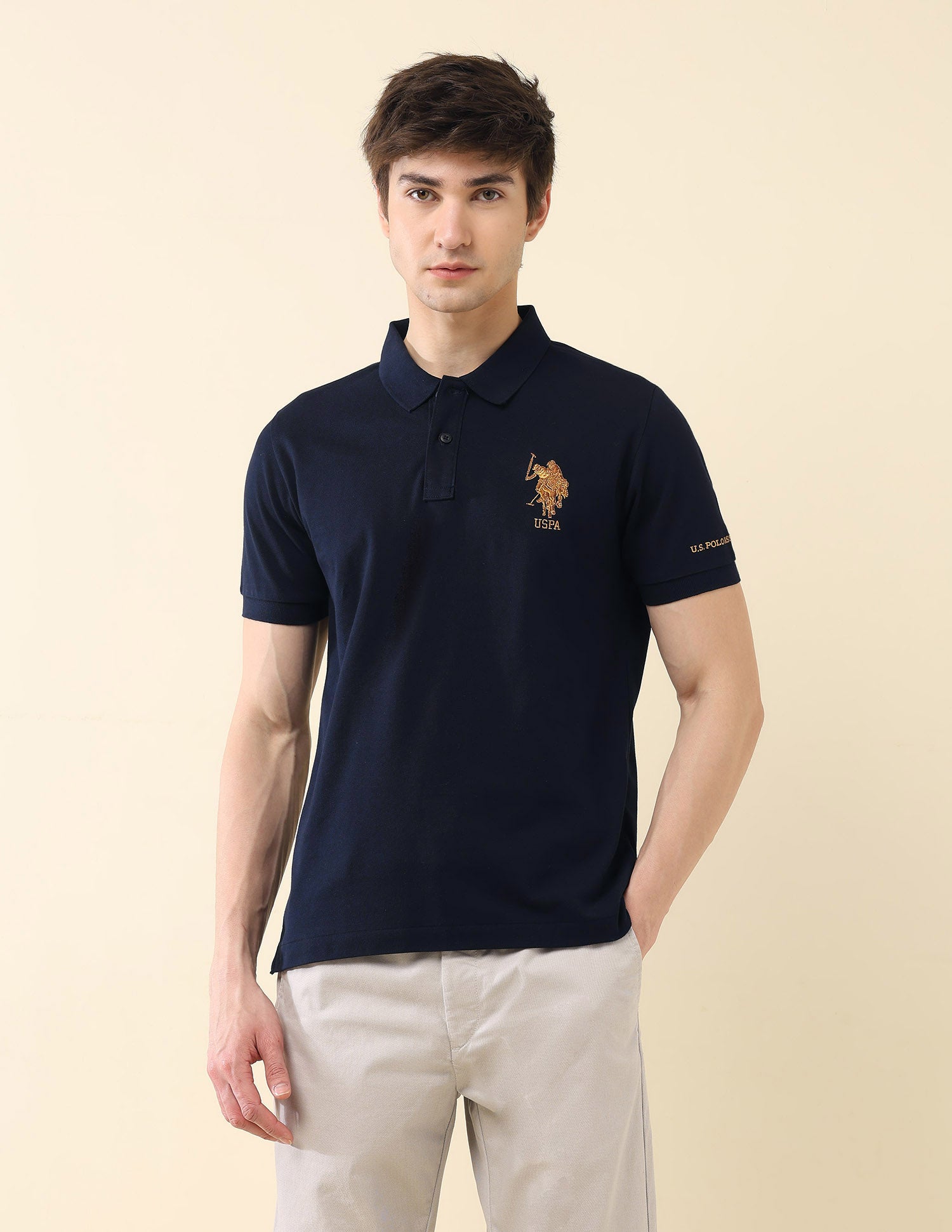Solid Pure Cotton Gold Cup Polo Shirt Navy - U.S. Polo Assn. India | Large