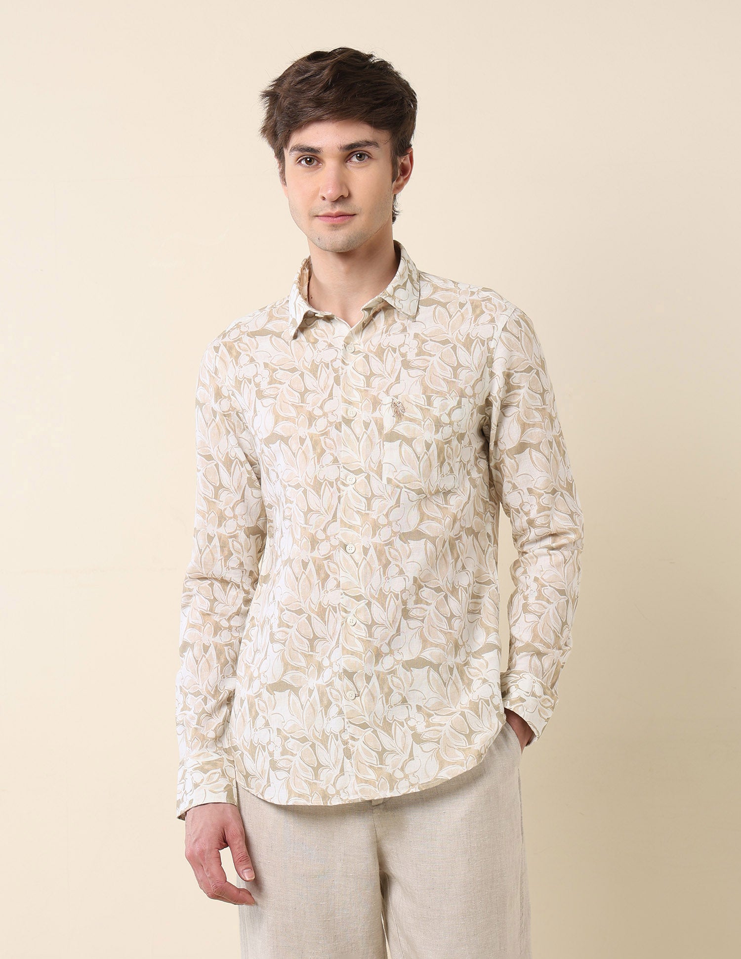 Tropical Printed Tailored Fit Shirt Light Olive - U.S. Polo Assn. India | Large