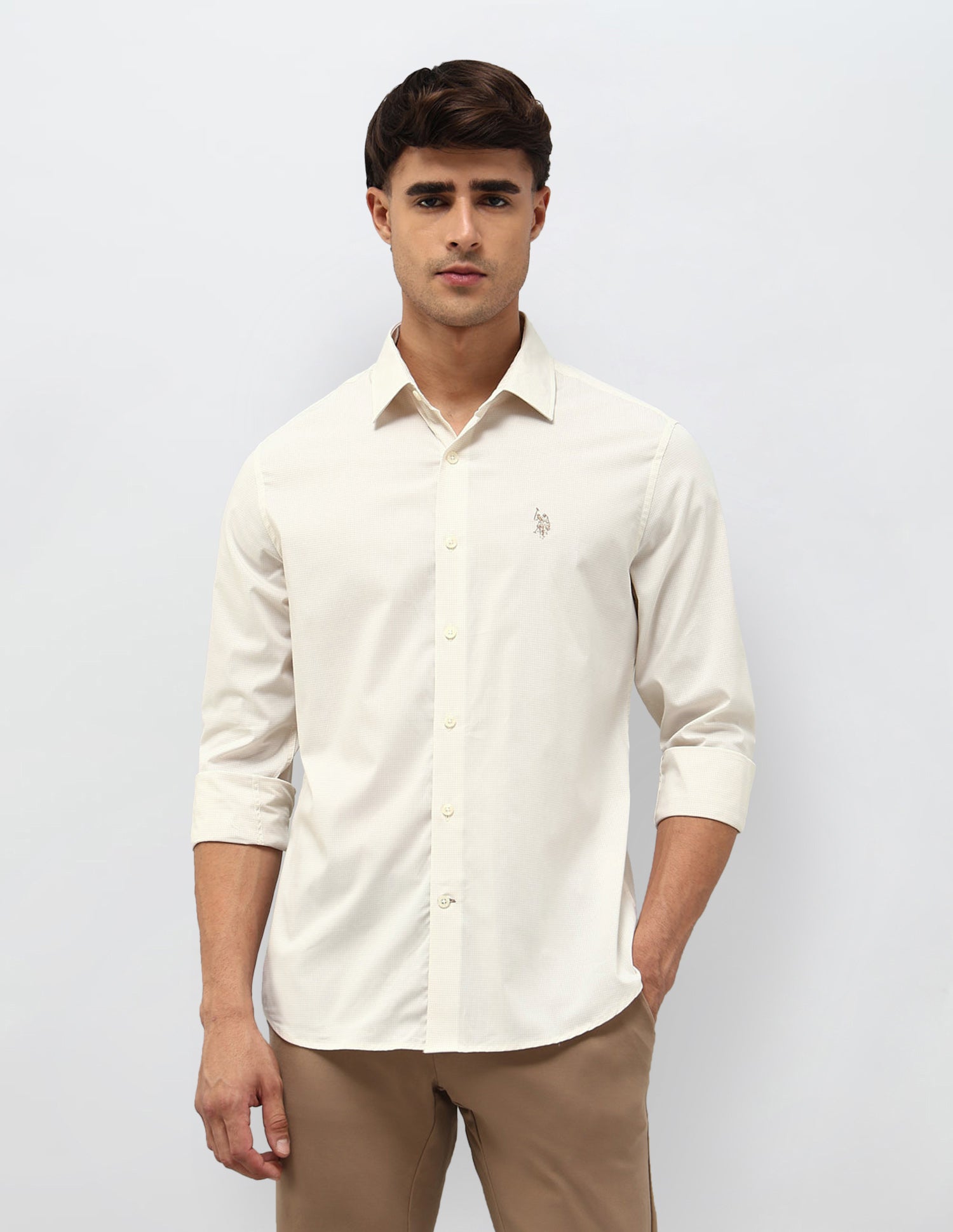 Micro Checked Tailored Fit Shirt Beige - U.S. POLO ASSN. | Large