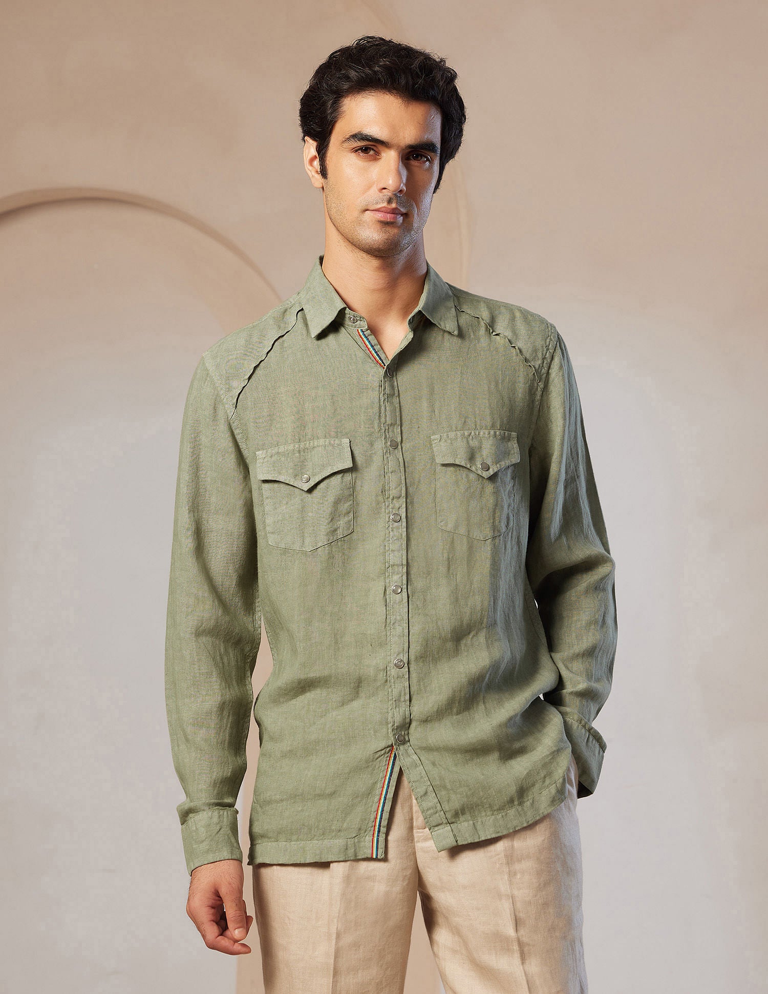Pacho X Tailored Fit Linen Shirt Olive - U.S. POLO ASSN. | Large