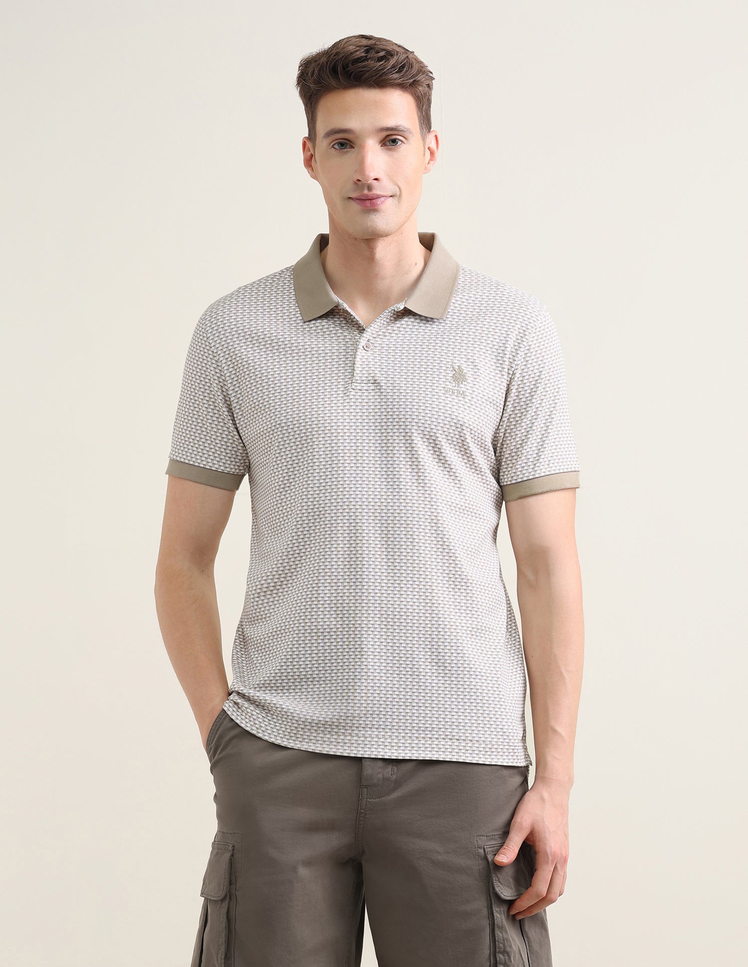 Geometric Printed Slim Fit Polo Shirt Light Brown - U.S. Polo Assn. India | Large