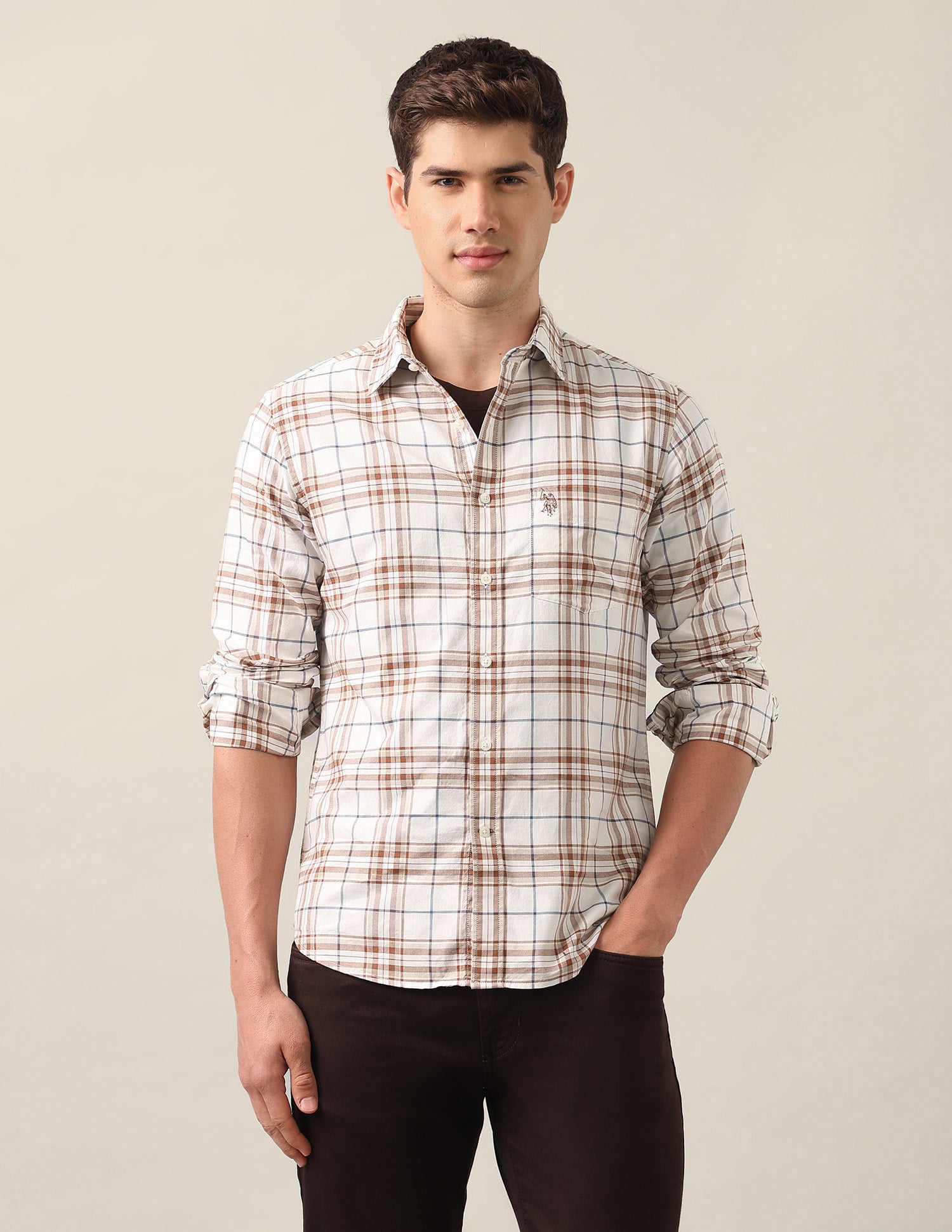 Tailored Fit Tartan Checked Shirt Beige - U.S. Polo Assn. India | Large