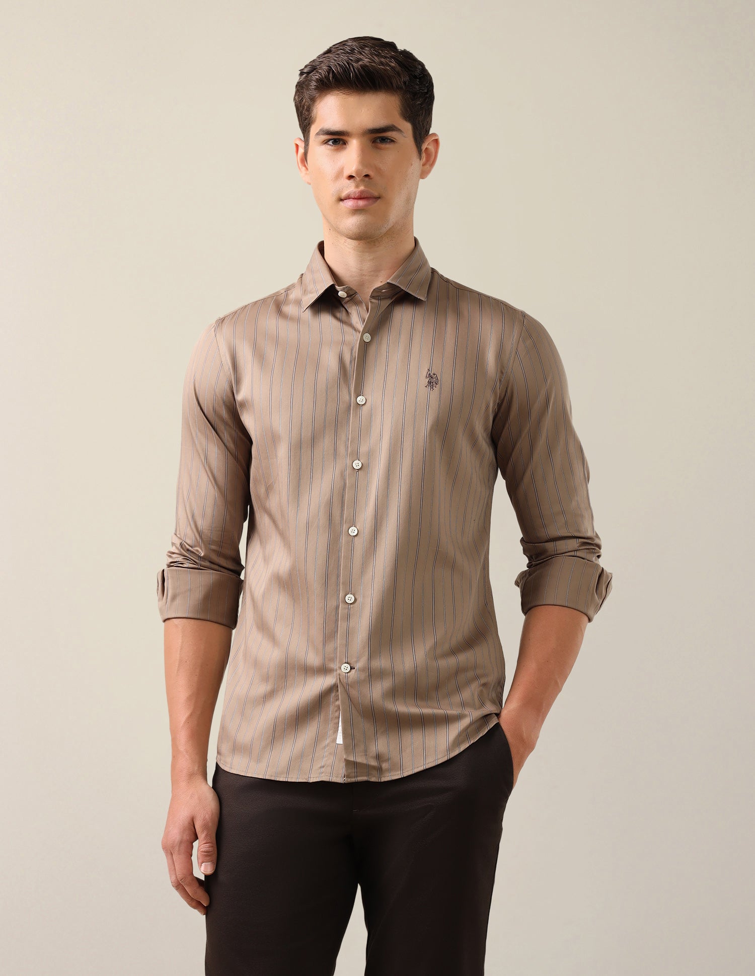 Satin Tailored Fit Shirt Khaki - U.S. Polo Assn. India | Large