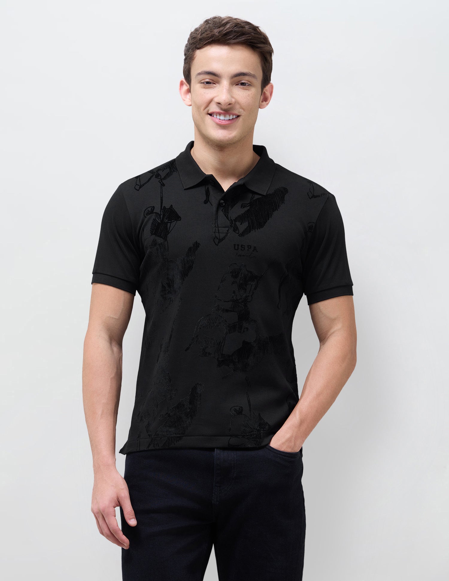 Graphic Brand Patterned Knit Polo Shirt Black - U.S. Polo Assn. India | Large