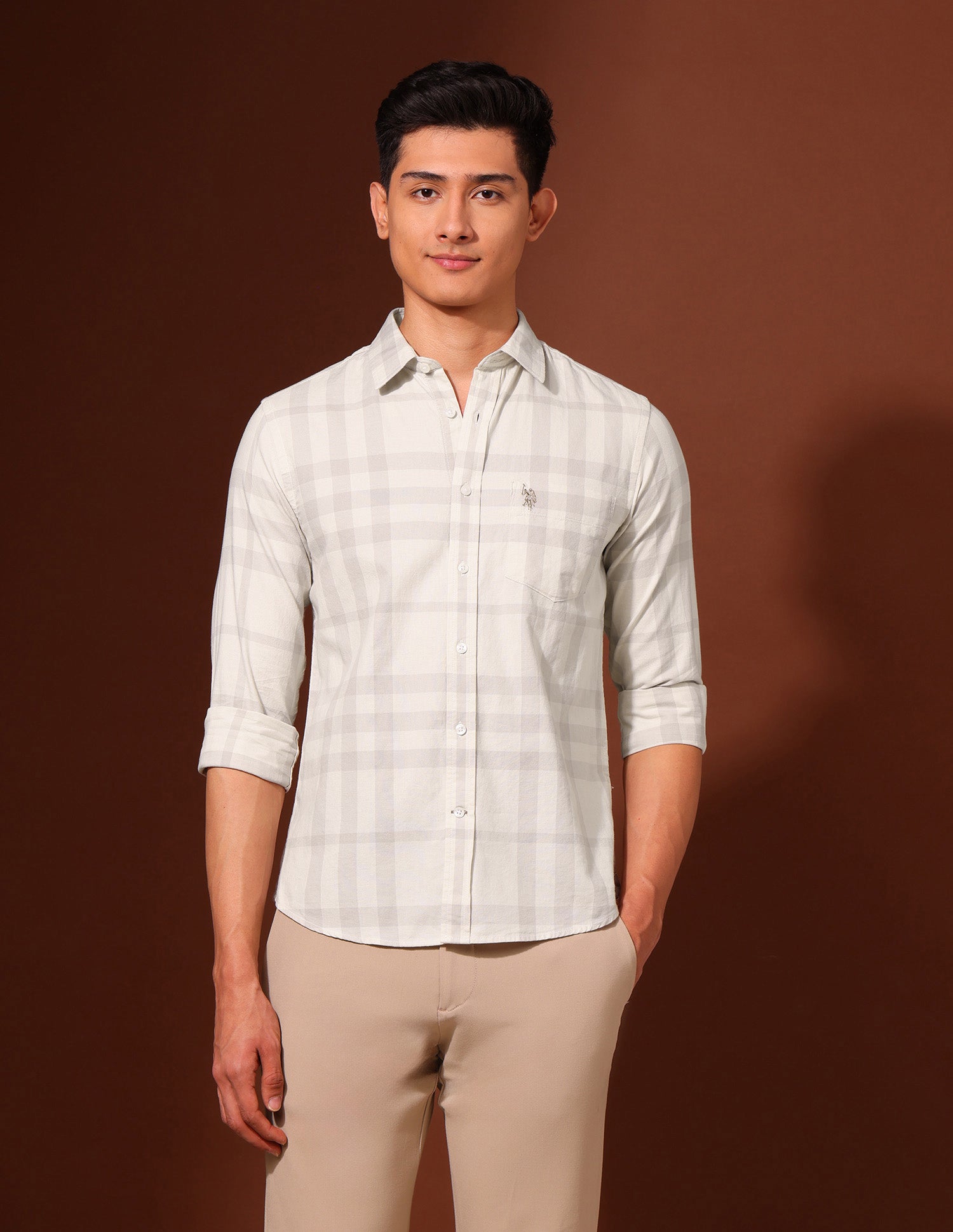 Grid Tattersall Checked Pure Cotton Shirt Khaki - U.S. Polo Assn. India | Large