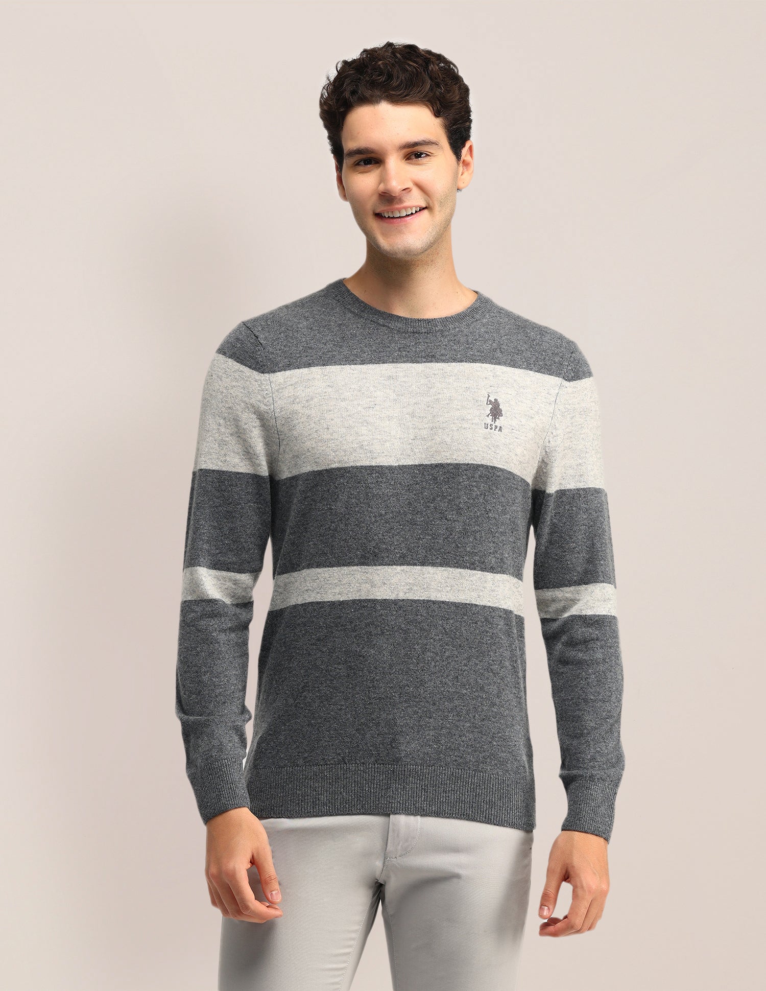 Colour Blocked Regular Fit Sweater Light Grey - U.S. Polo Assn. India | Large