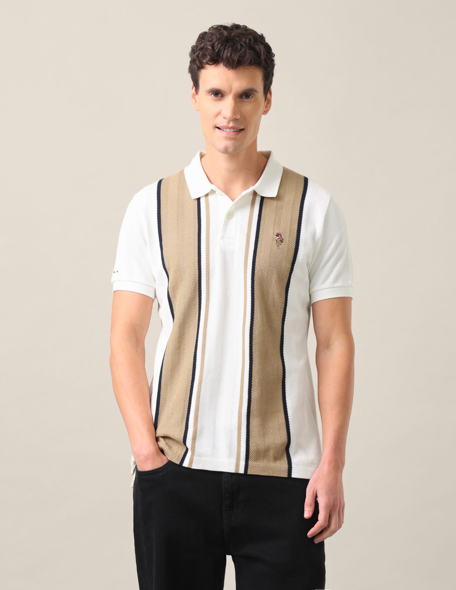 Vertical Striped Slim Fit Polo Shirt Ivory - U.S. Polo Assn. India | Large
