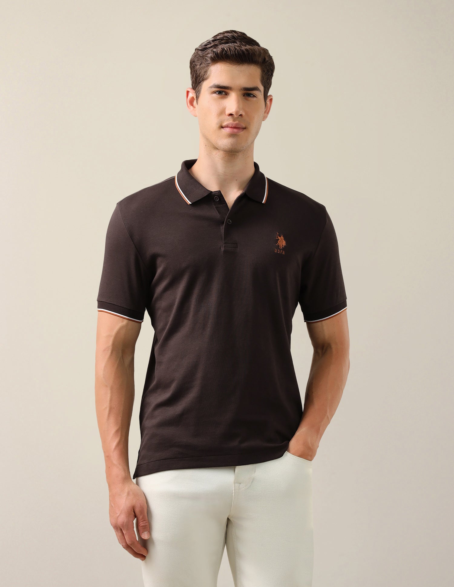 Solid Slim Fit Polo Shirt Dark Brown - U.S. Polo Assn. India | Large