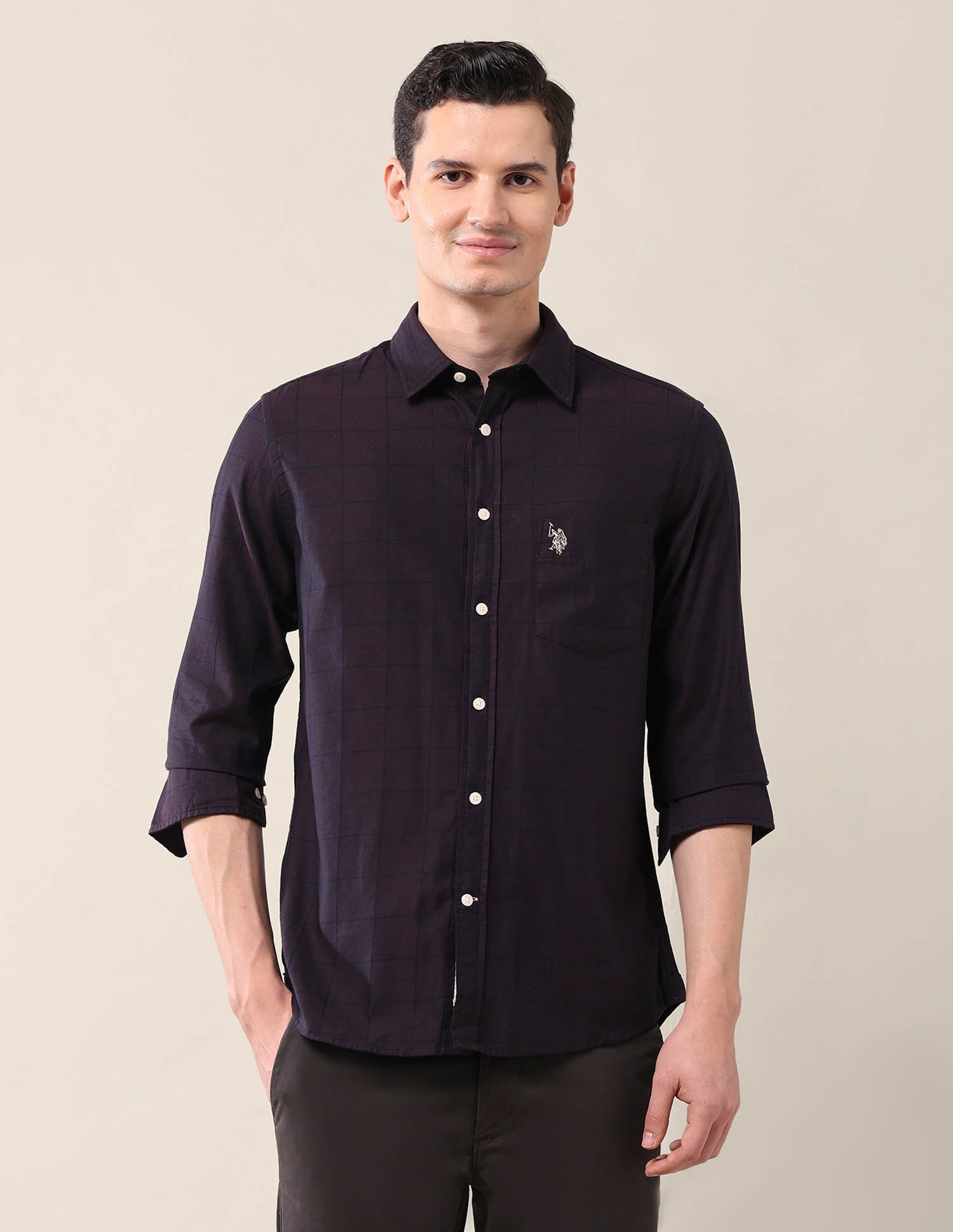 Windowpane Checked Tailored Fit Shirt Purple - U.S. POLO ASSN. | Large