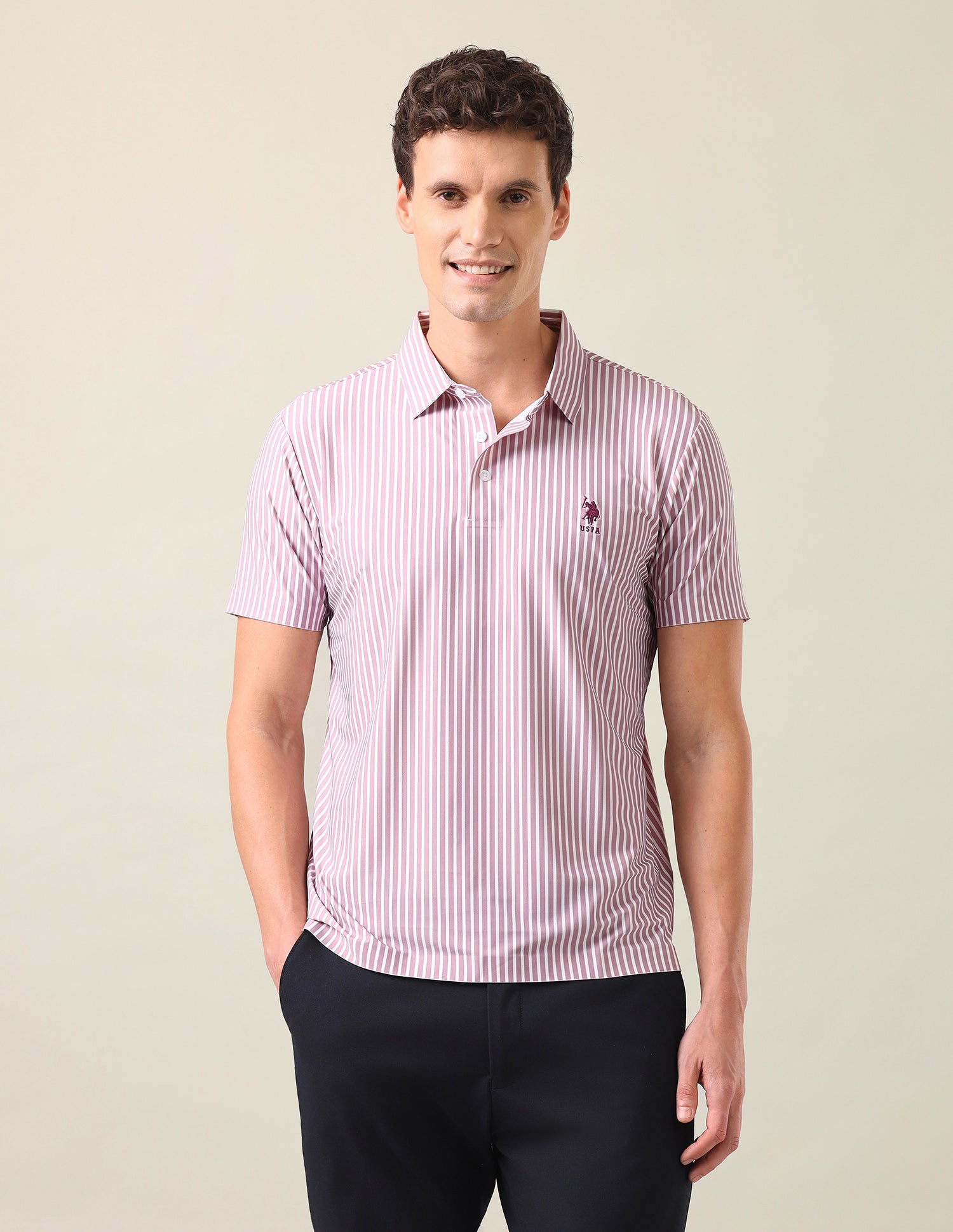 Vertical Striped Slim Fit Polo Shirt Pink - U.S. Polo Assn. India | Large