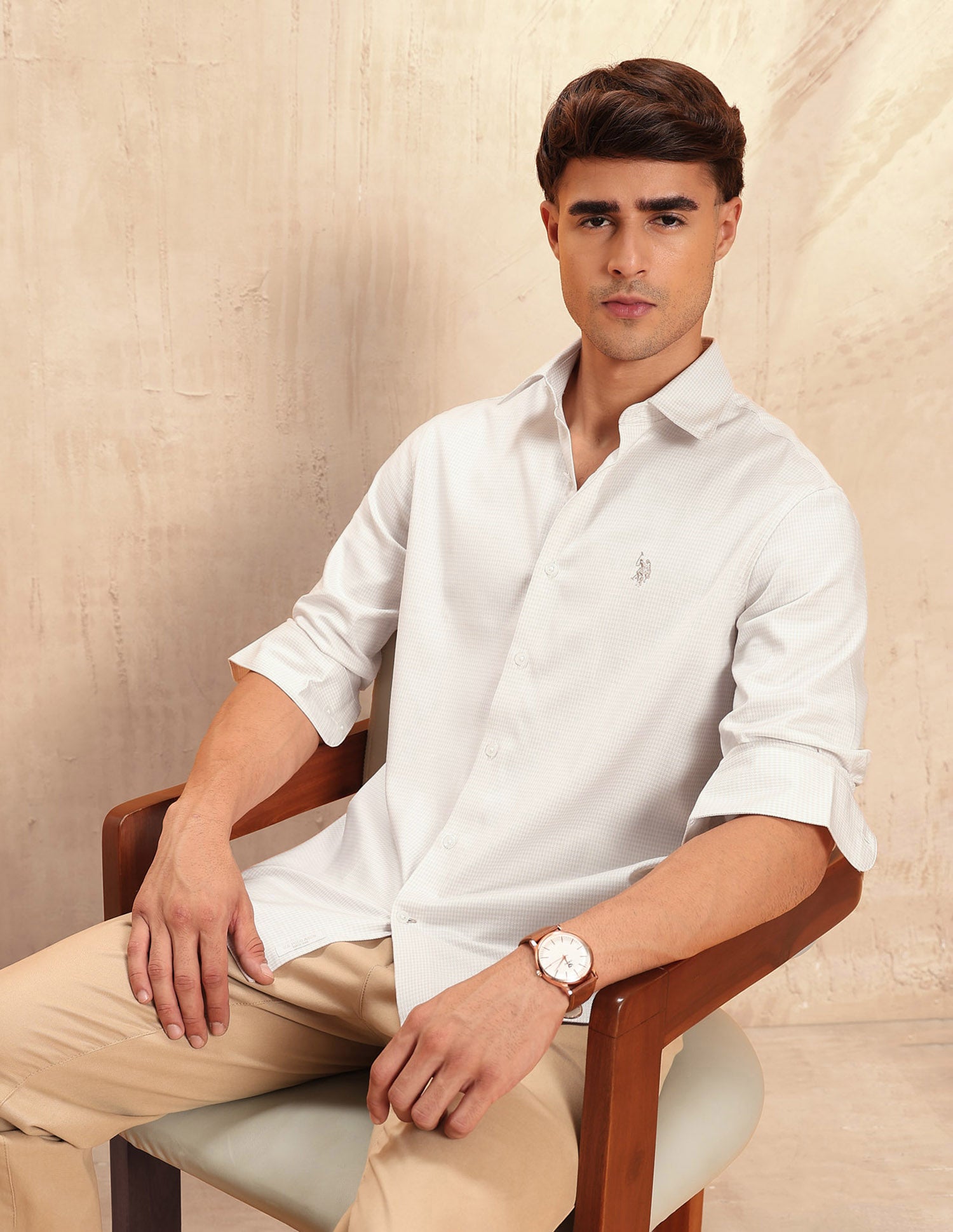 Twill Micro Checked Shirt Beige - U.S. POLO ASSN. | Large
