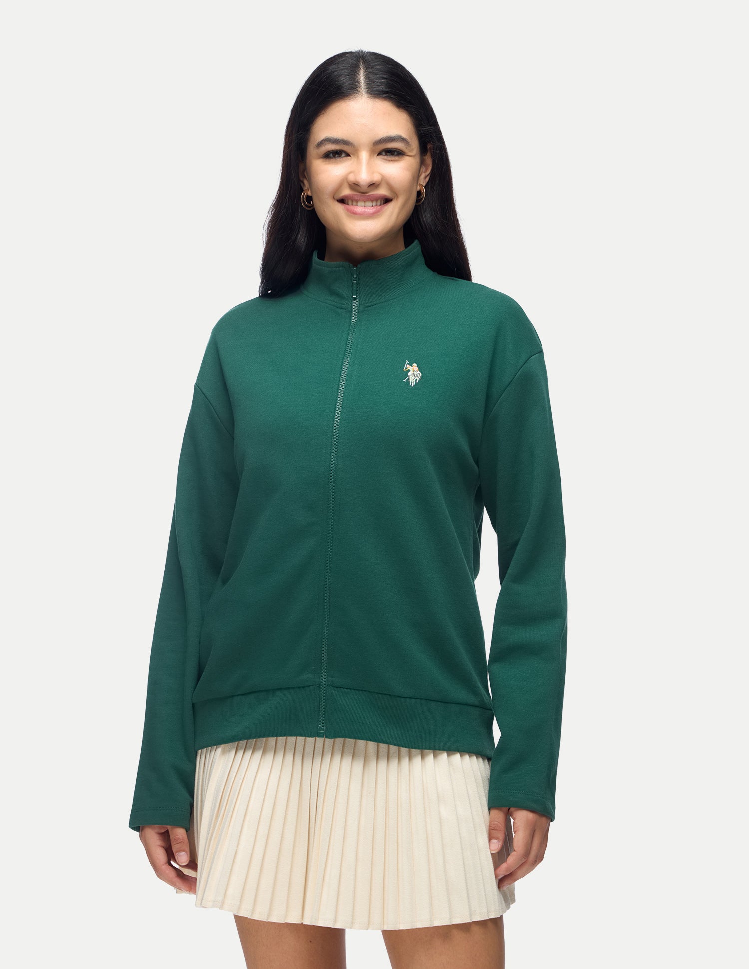 Solid Regular Fit Zipper Sweatshirt Dark Green - U.S. Polo Assn. India | Large