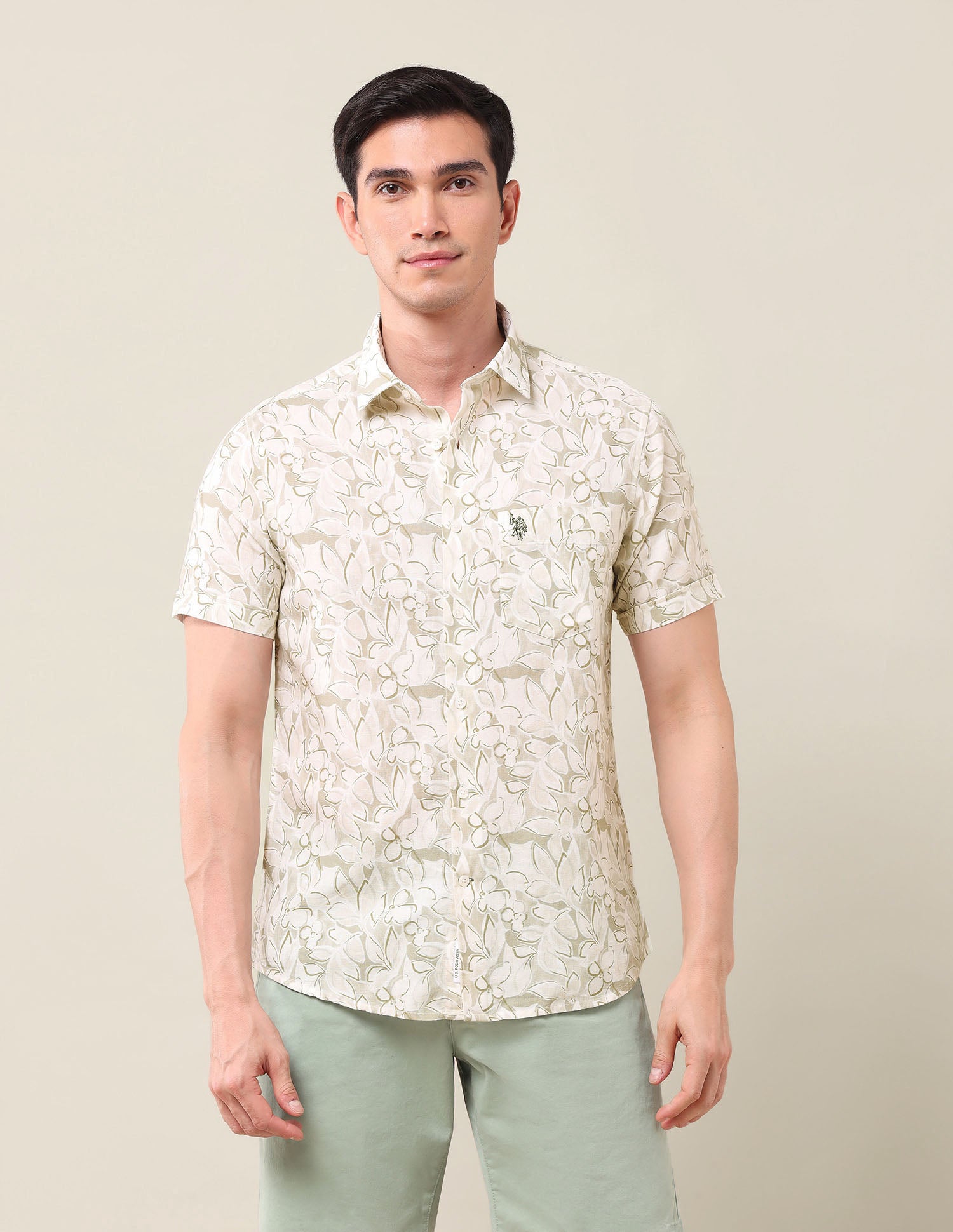 Floral Printed Tailored Fit Shirt Light Olive - U.S. Polo Assn. India | Large