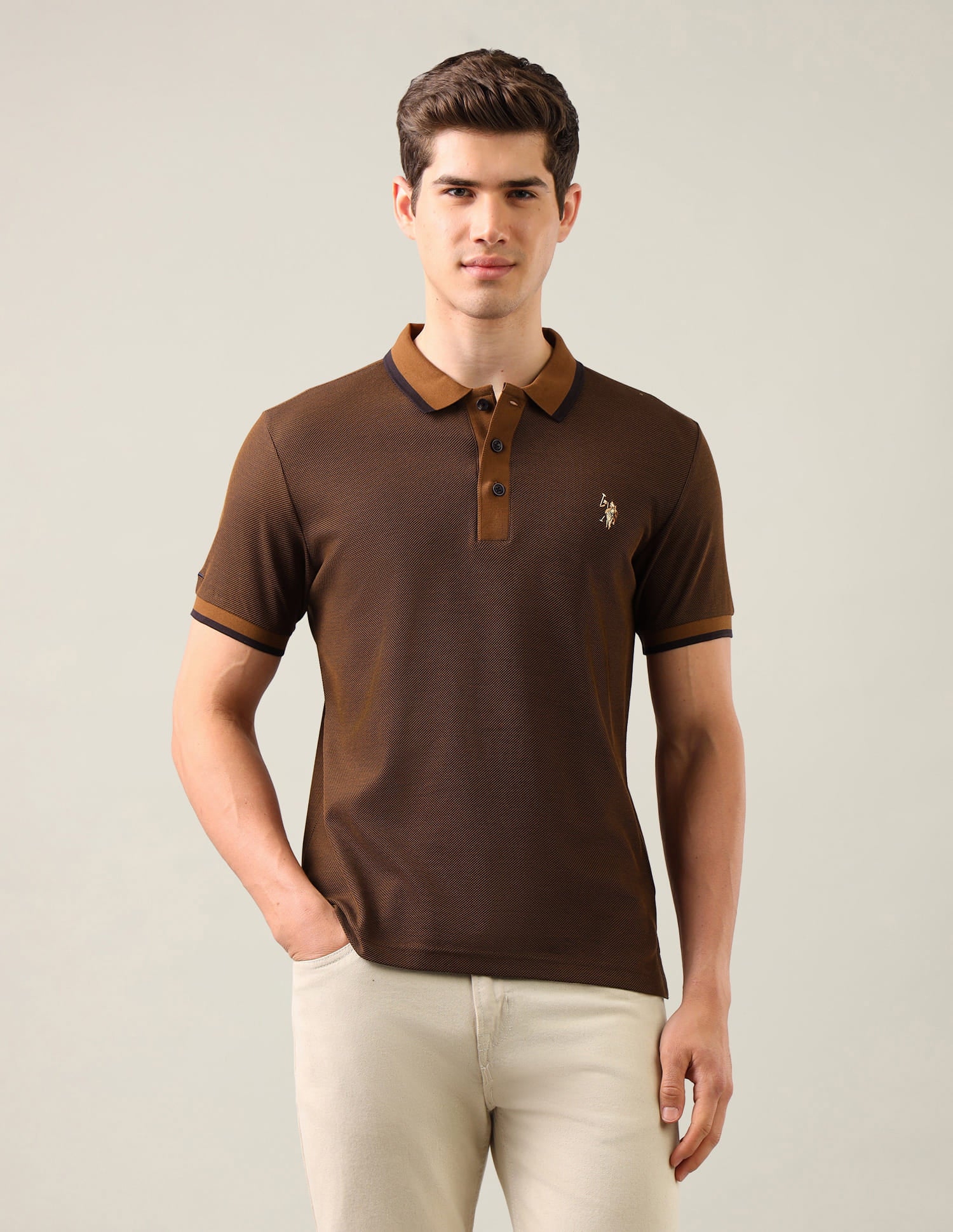 Textured Slim Fit Polo Shirt Brown - U.S. Polo Assn. India | Large