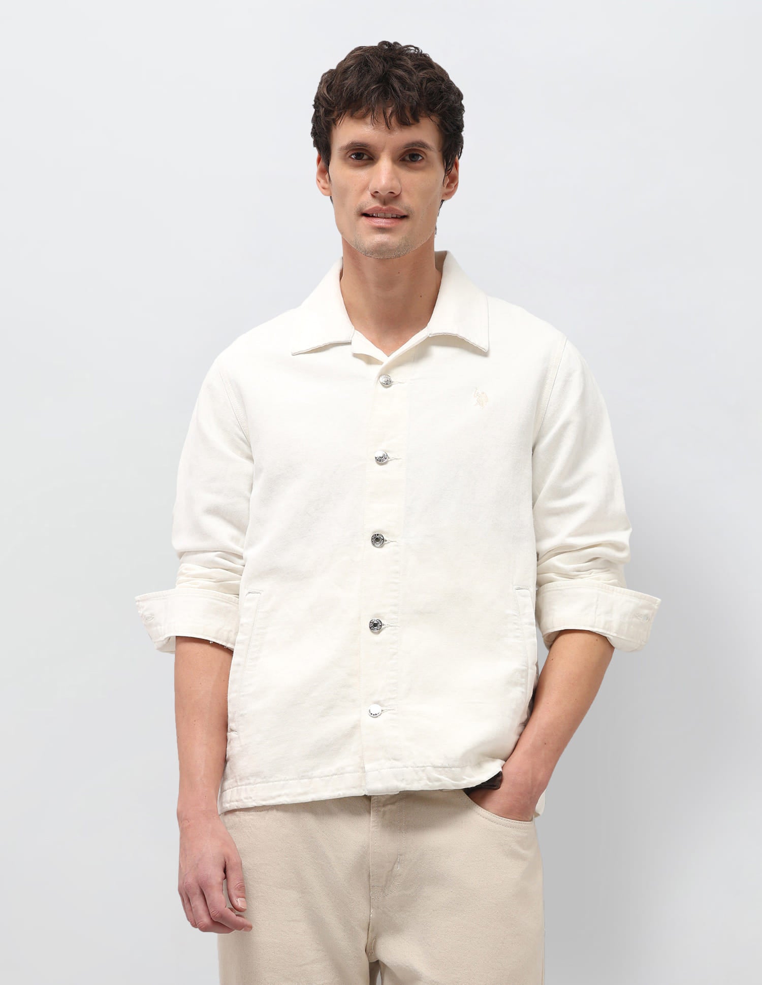 Solid Linen Regular Fit Jacket White - U.S. Polo Assn. India | Large