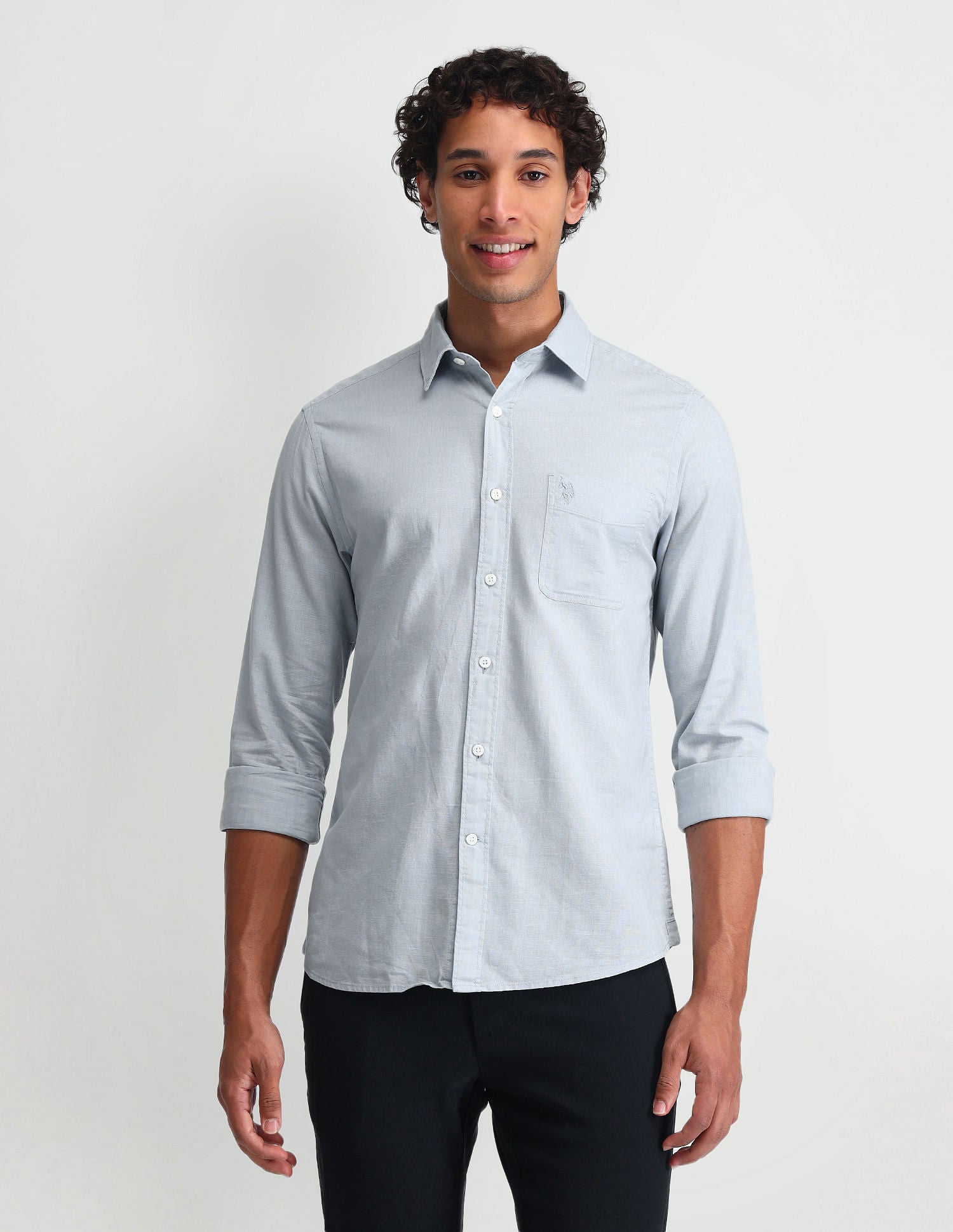 Slim Fit Solid Twill Shirt Light Blue - U.S. Polo Assn. India | Large
