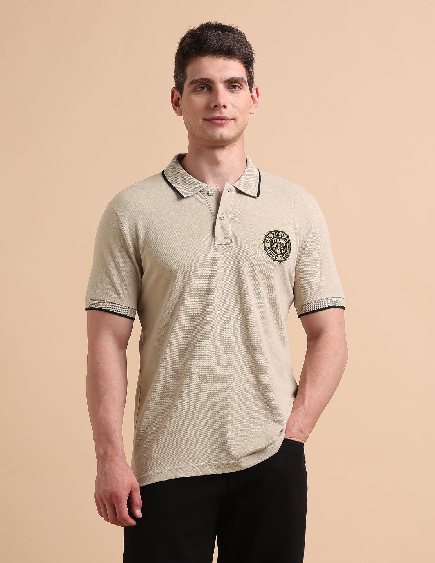 Solid Pure Cotton Polo Shirt Beige - U.S. POLO ASSN. | Large
