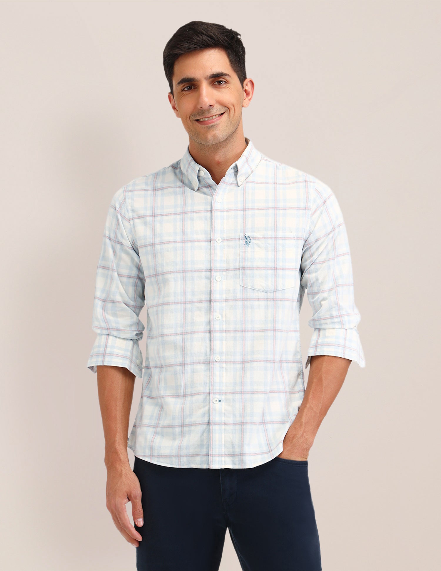Dupplin Check Printed Regular Fit Shirt Light Blue - U.S. Polo Assn. India | Large