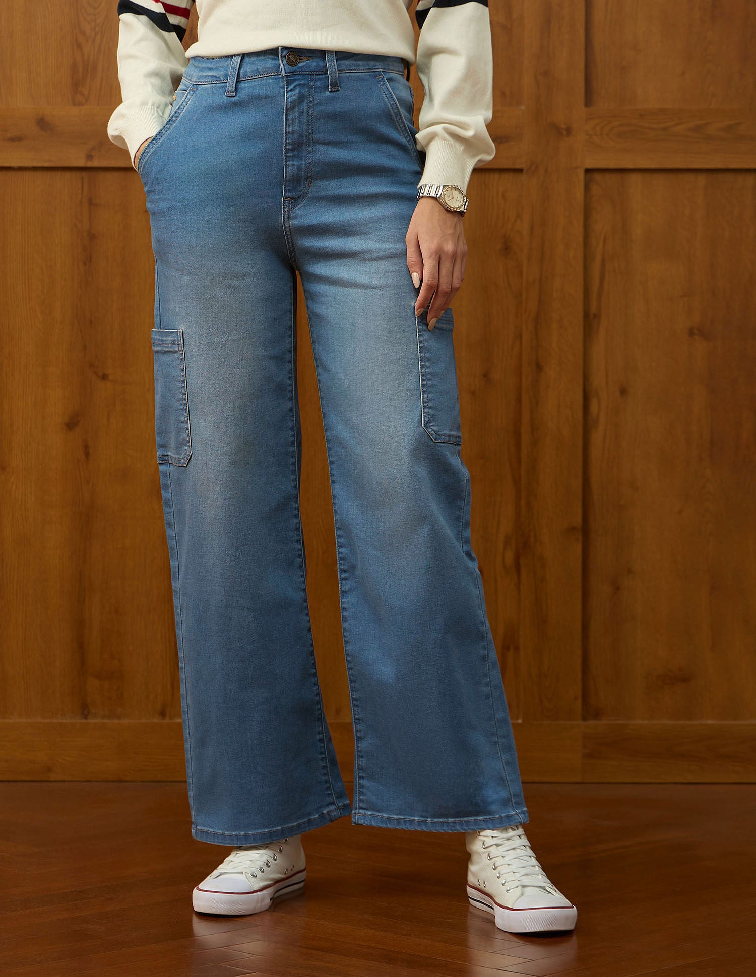 High Rise Wide Leg Cargo Jeans Mid Blue Khaki Tint - U.S. POLO ASSN. | Large