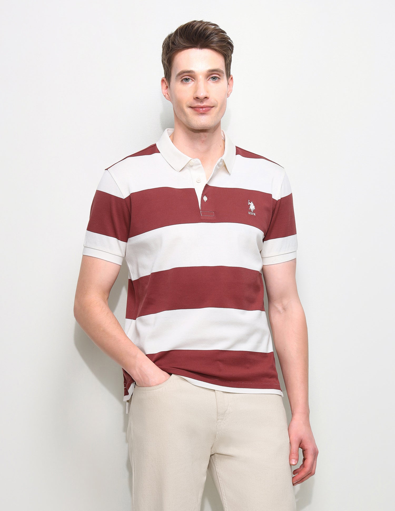 Horizontal Striped Slim Fit Polo Shirt Dark Pink - U.S. Polo Assn. India | Large