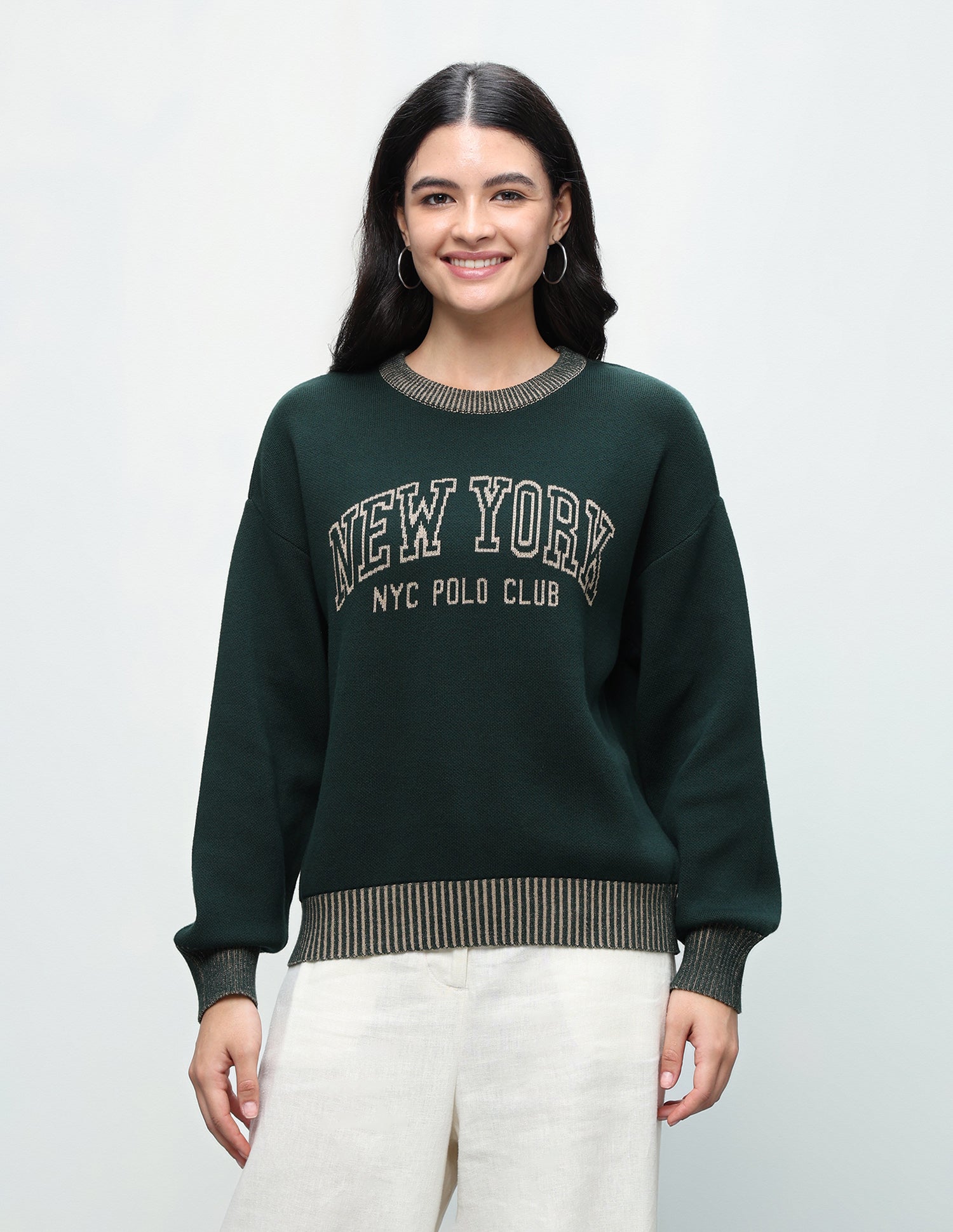 Typographic Patterned Knit Oversized Fit Sweater Dark Green - U.S. Polo Assn. India | Large