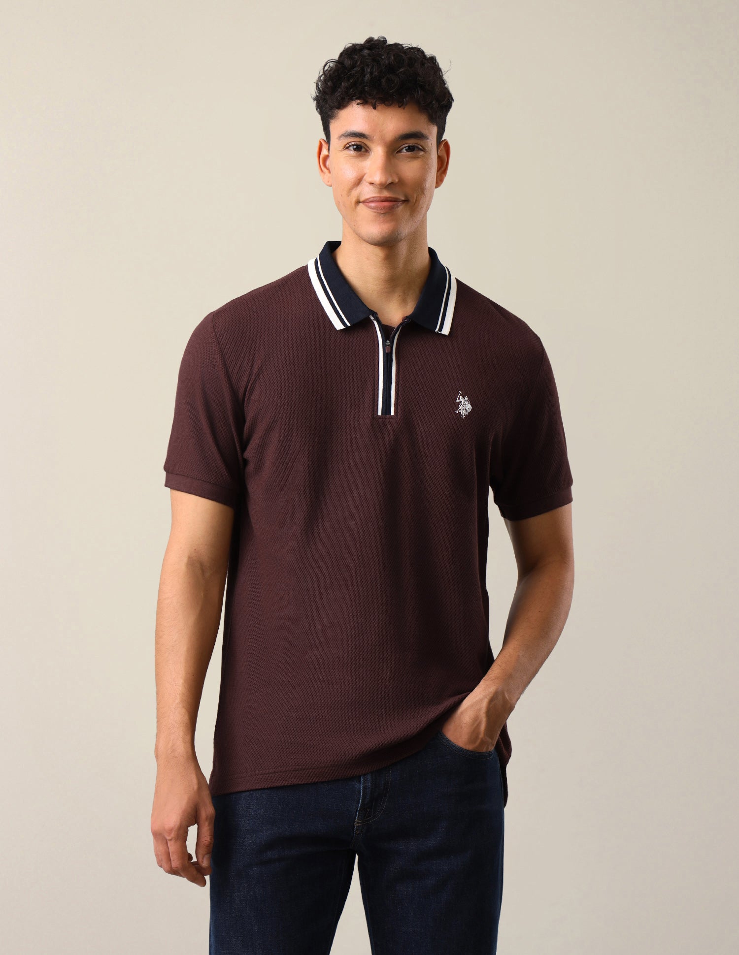 Textured Slim Fit Polo Shirt Maroon - U.S. Polo Assn. India | Large